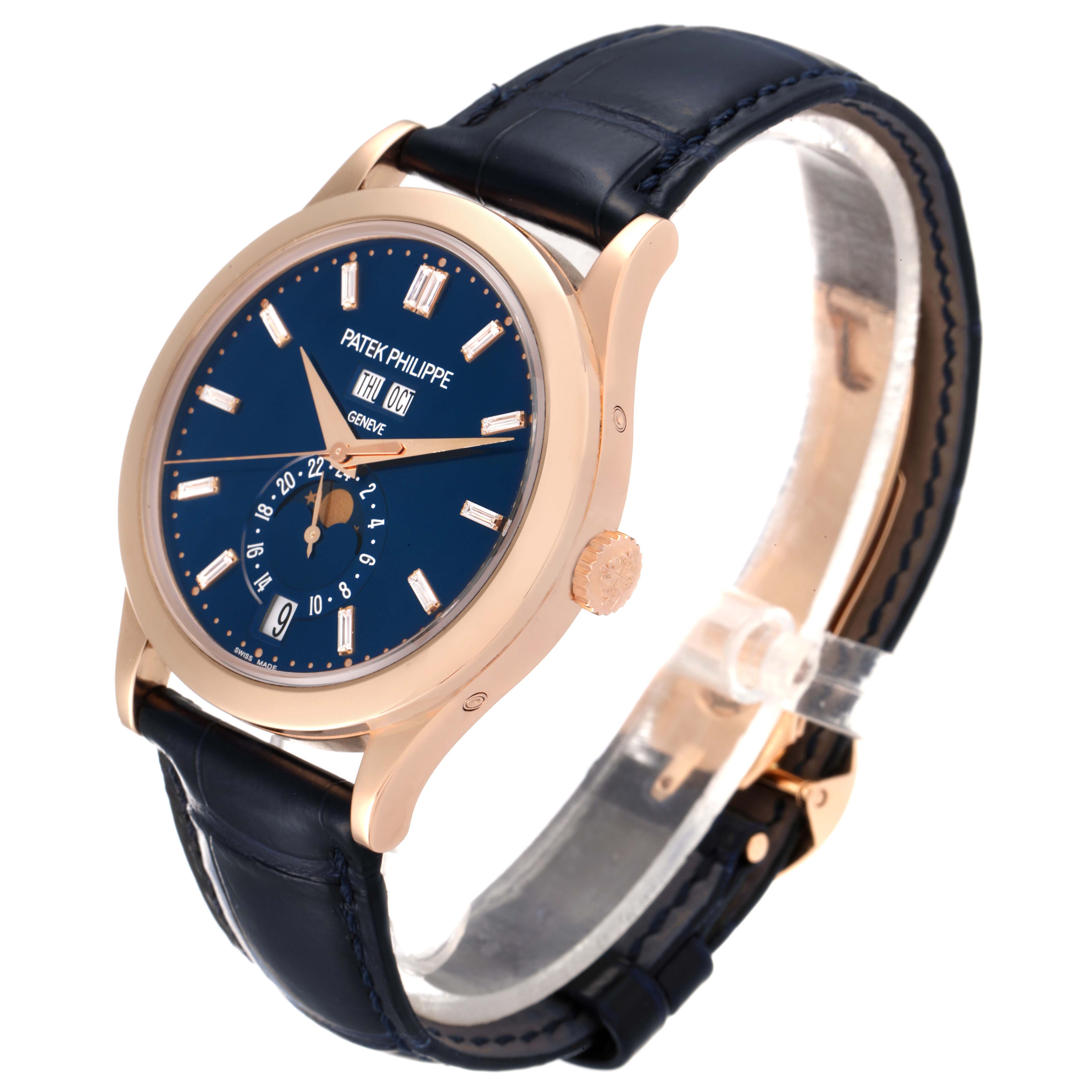This image shows a Patek Philippe Complications 5396R Men's Rose Gold Blue Dial 5396R Men's Rose Gold Blue Dial model watch at a three-quarter angle, highlighting its face, crown, and strap.
