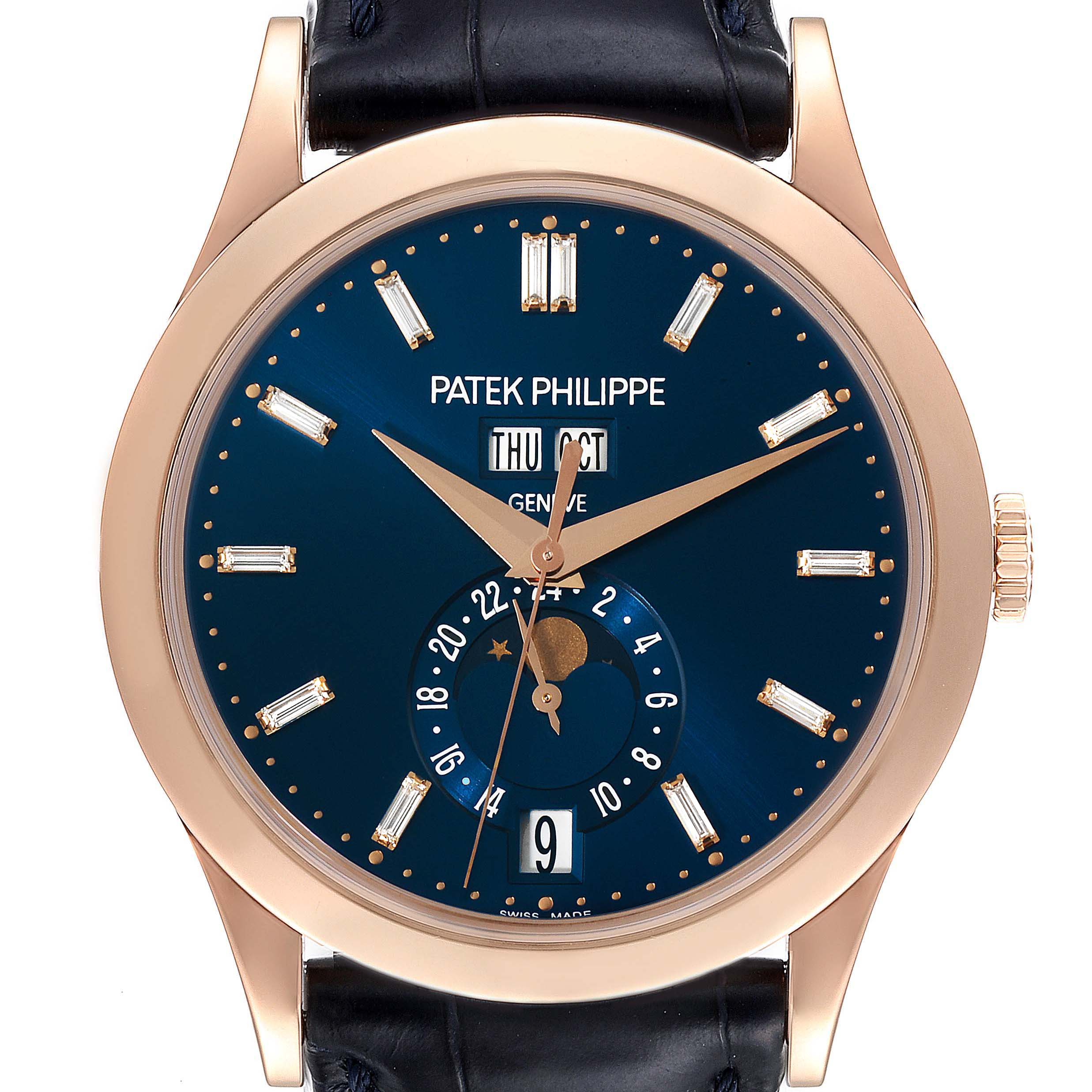 The image shows a frontal view of the Patek Philippe Complications 5396R Men's Rose Gold Blue Dial 5396R Men's Rose Gold Blue Dial watch, displaying the dial, hands, and calendar functions.