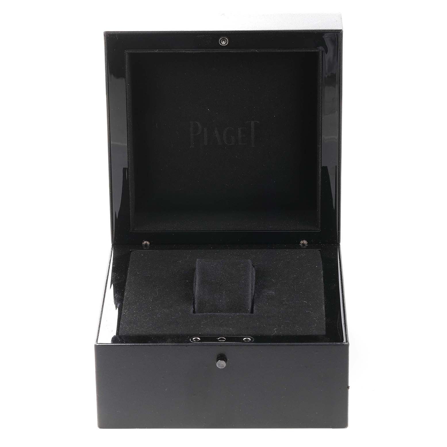 The image shows the open box for a Piaget 83541 C630 Women's White Gold Silver Dial 83541 C630 Women's White Gold Silver Dial Protocole Exceptional White Gold Pave Diamond Sapphire Ladies Watch 83541 model.
