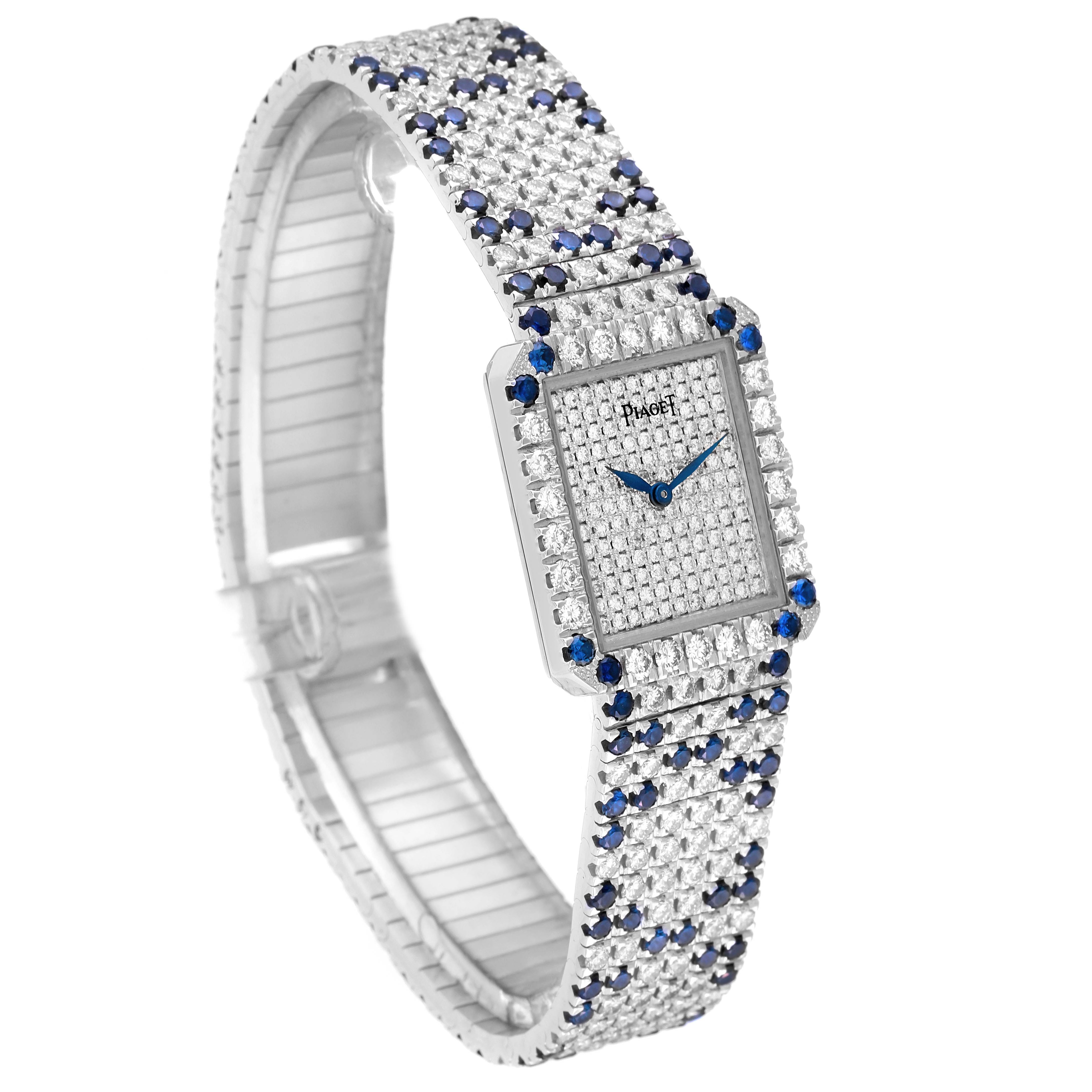 The image shows a Piaget 83541 C630 Women's White Gold Silver Dial 83541 C630 Women's White Gold Silver Dial Protocole Exceptional White Gold Pave Diamond Sapphire Ladies Watch 83541 model at a three-quarter angle.
