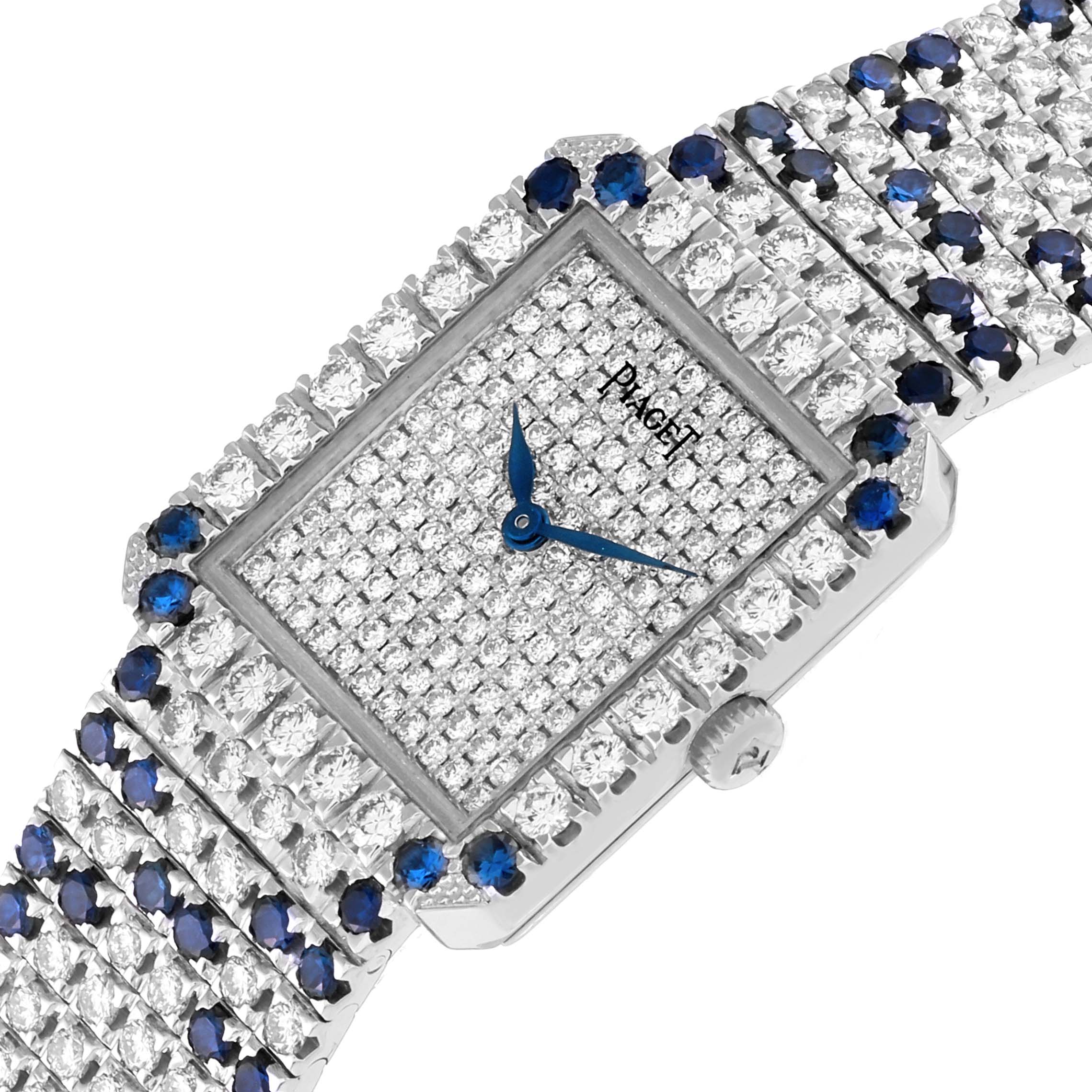 The Piaget 83541 C630 Women's White Gold Silver Dial 83541 C630 Women's White Gold Silver Dial Protocole Exceptional 83541 watch is shown at a slight angle, highlighting its diamond and sapphire pavé design.