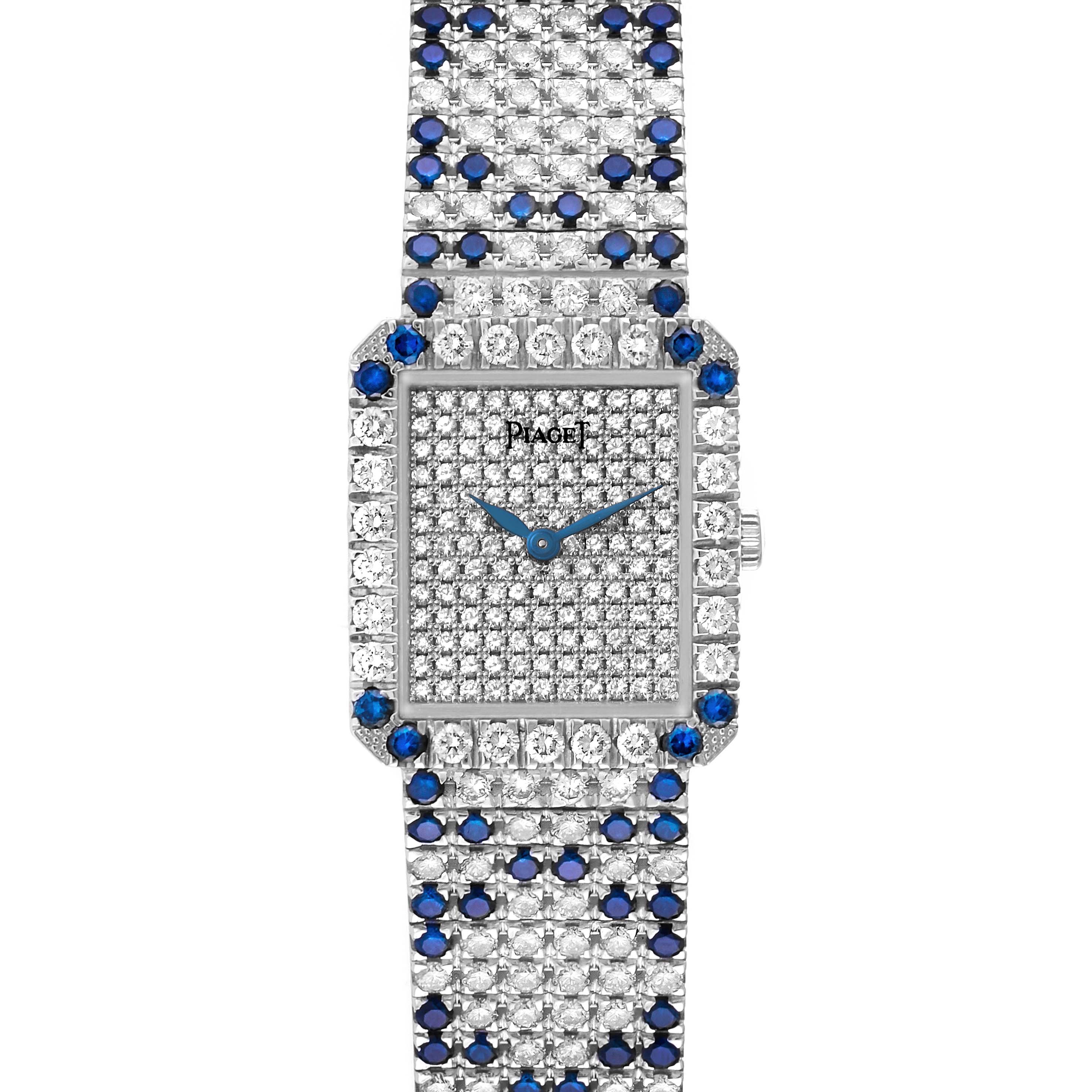 The image shows a front view of the Piaget 83541 C630 Women's White Gold Silver Dial 83541 C630 Women's White Gold Silver Dial Protocole Exceptional White Gold Pave Diamond Sapphire Ladies Watch 83541.