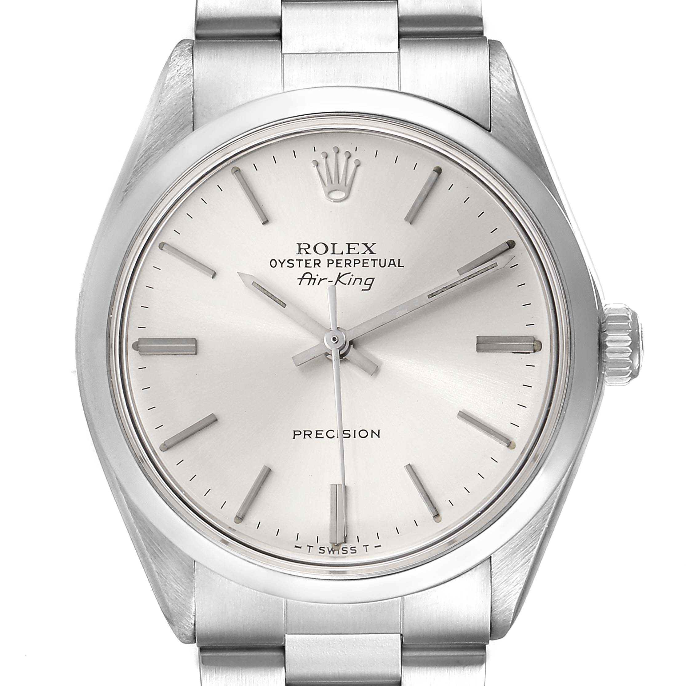 This image shows a front view of the Rolex Vintage Collection 5500 Men's Stainless Steel Silver Dial 5500 Men's Stainless Steel Silver Dial model with a close-up of the dial and bracelet.