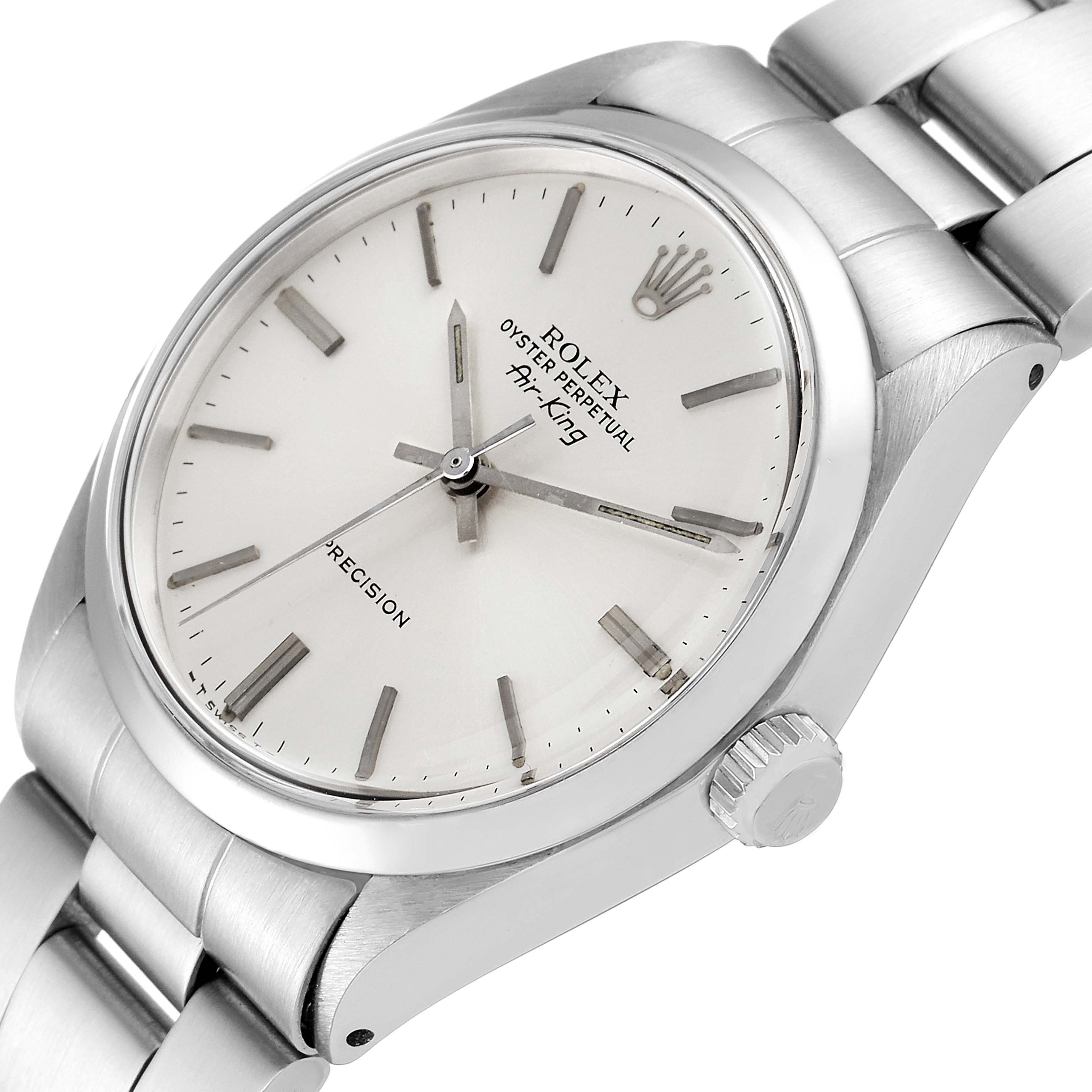 The image shows a close-up, angled view of the Rolex Vintage Collection 5500 Men's Stainless Steel Silver Dial 5500 Men's Stainless Steel Silver Dial Oyster Perpetual Air-King, highlighting its dial, case, crown, and bracelet.