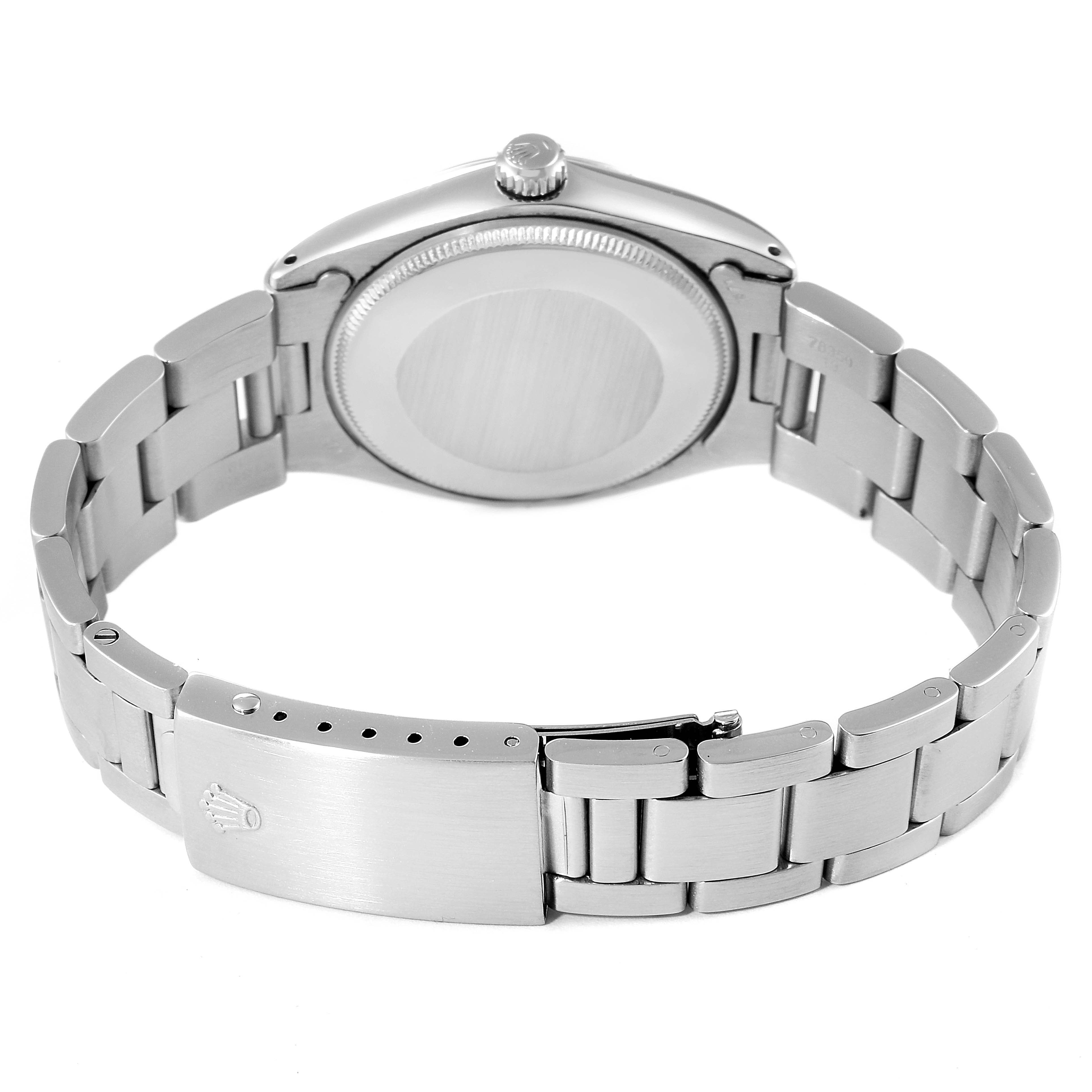 The image shows the back of the Rolex Vintage Collection 5500 Men's Stainless Steel Silver Dial 5500 Men's Stainless Steel Silver Dial watch, highlighting the bracelet and clasp.