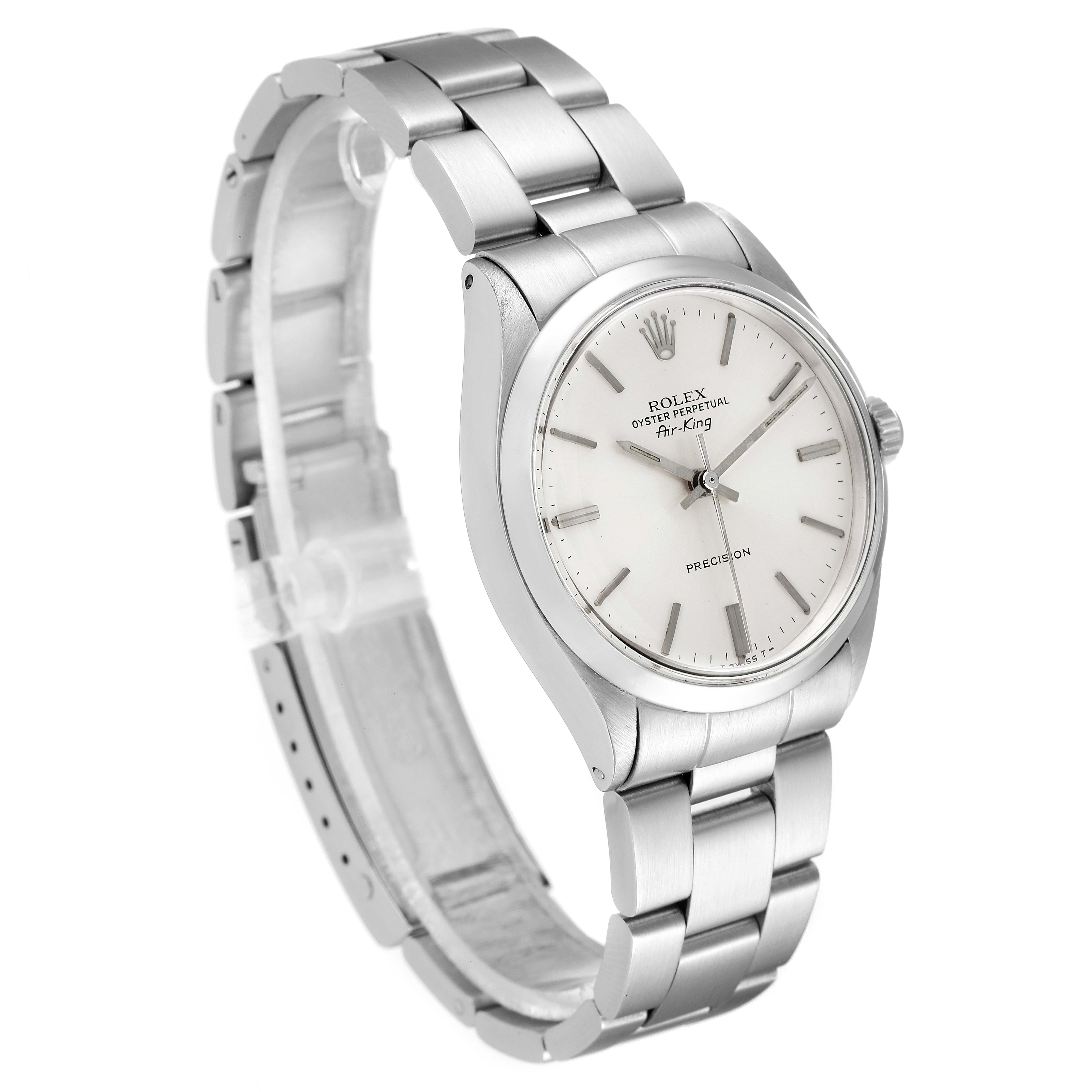 This shows a side angle of the Rolex Vintage Collection 5500 Men's Stainless Steel Silver Dial 5500 Men's Stainless Steel Silver Dial model featuring the watch face, bezel, and bracelet.