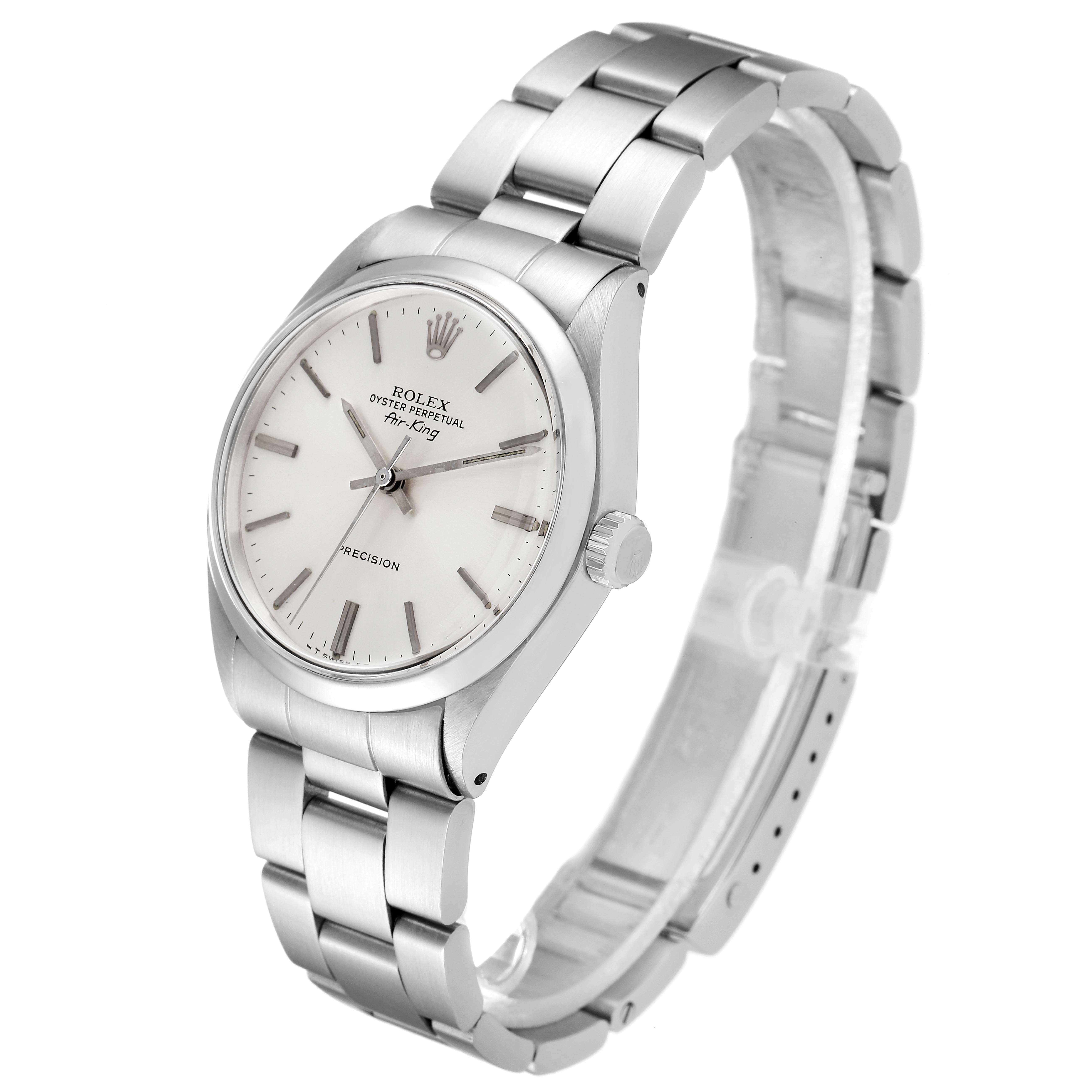 The image shows a side-angle view of the Rolex Vintage Collection 5500 Men's Stainless Steel Silver Dial 5500 Men's Stainless Steel Silver Dial watch model, highlighting the dial, case, crown, and bracelet.