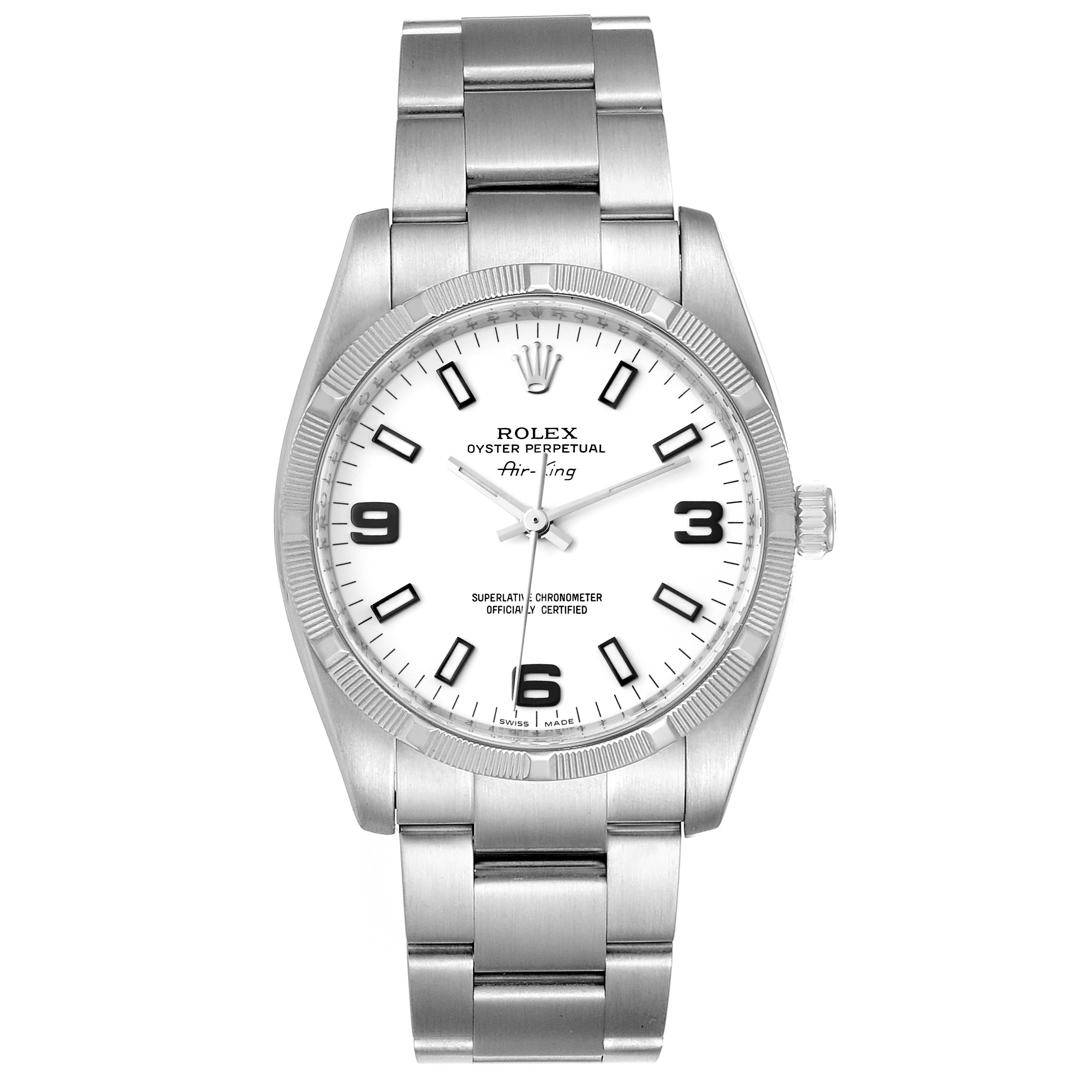 This image shows a front view of the Rolex Air-King 114210 Men's Stainless Steel White Dial 114210 Men's Stainless Steel White Dial watch displaying its face, bezel, and bracelet.