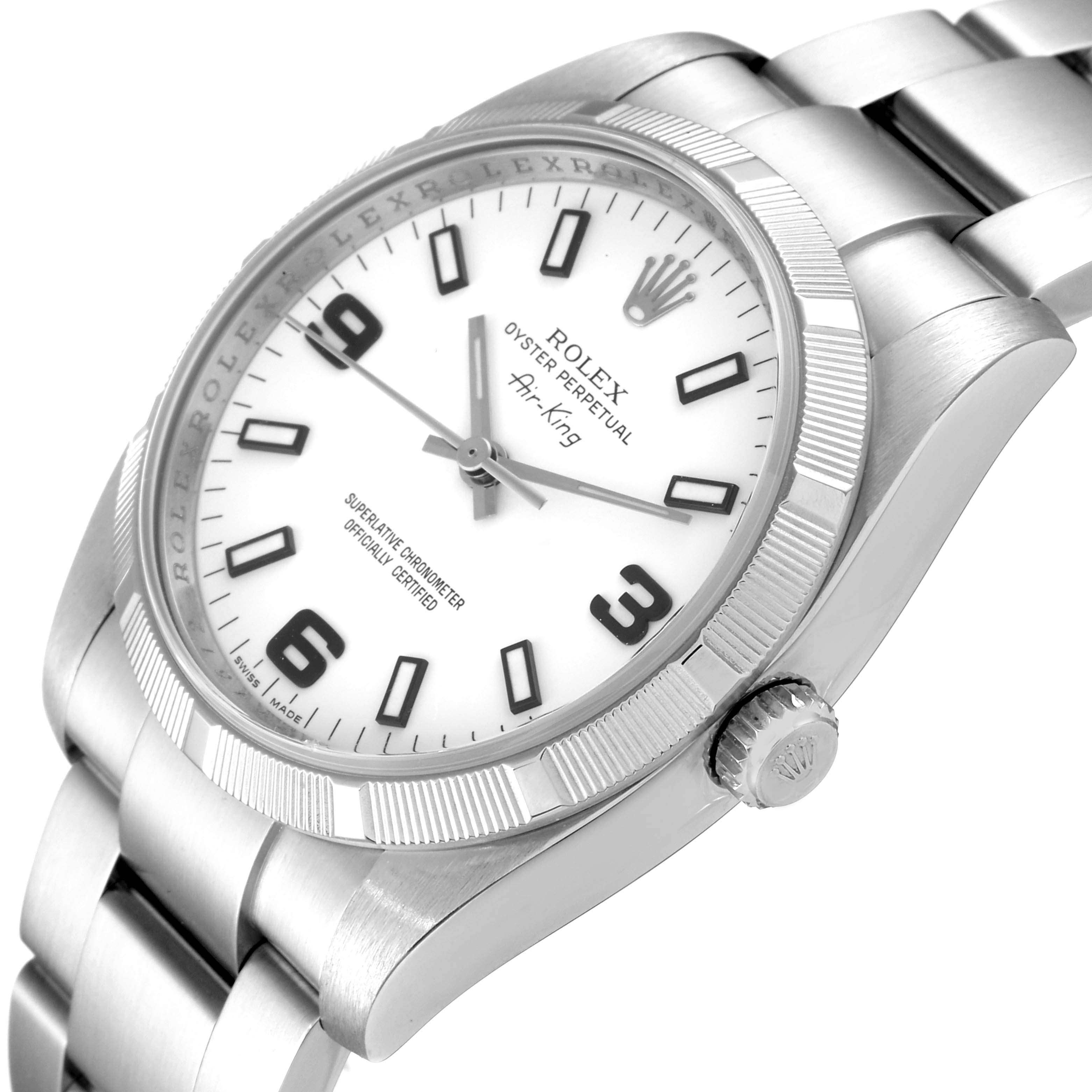 The image shows a side angle of a Rolex Air-King 114210 Men's Stainless Steel White Dial 114210 Men's Stainless Steel White Dial watch, highlighting the face, crown, and bracelet.