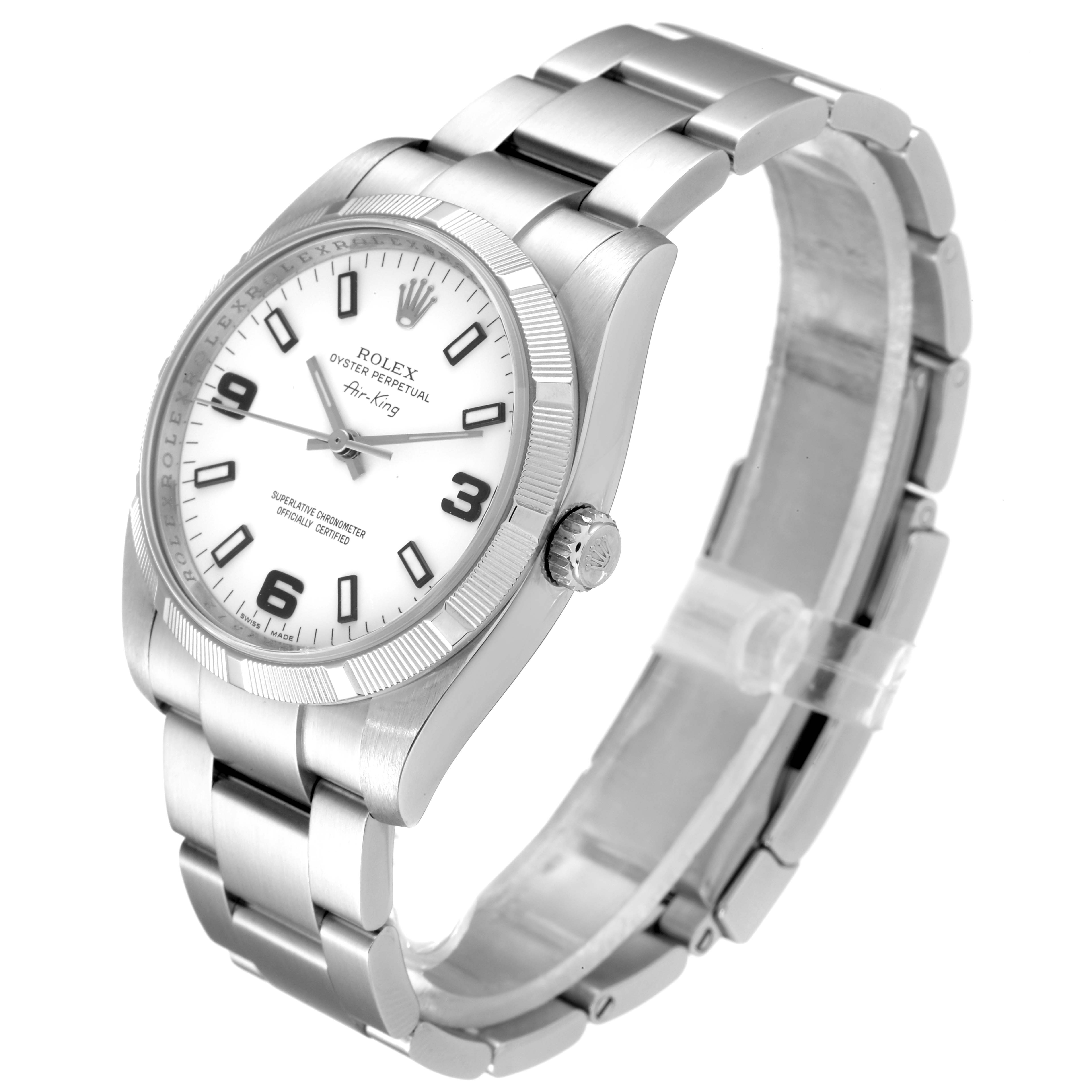 The Rolex Air-King 114210 Men's Stainless Steel White Dial 114210 Men's Stainless Steel White Dial watch is shown at a three-quarter angle, displaying the face, case, bezel, and part of the bracelet.