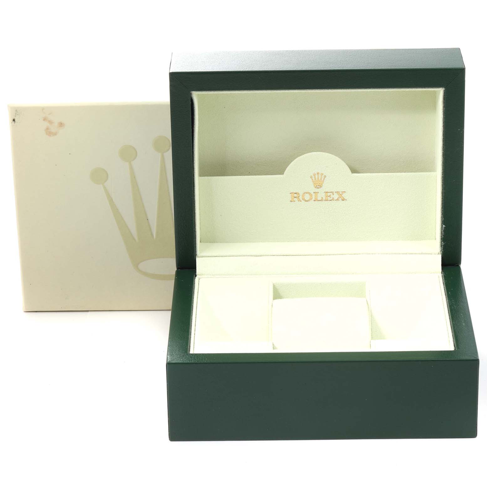 The image shows an open green Rolex box for the Air-King model, with an insert for the watch and an outer white box.