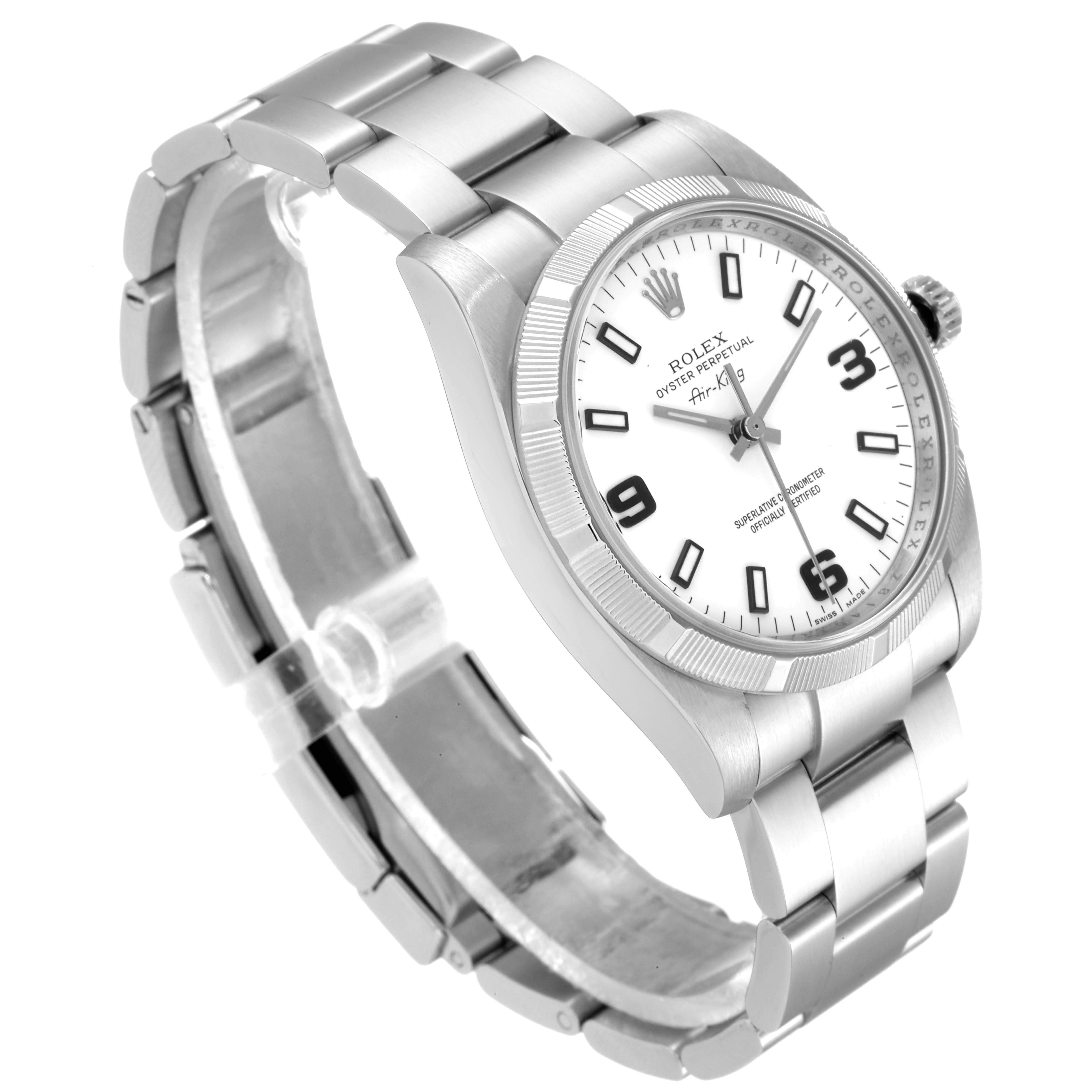 The Rolex Air-King 114210 Men's Stainless Steel White Dial 114210 Men's Stainless Steel White Dial watch is shown at a slight angle, highlighting the face, bezel, and part of the stainless steel bracelet.