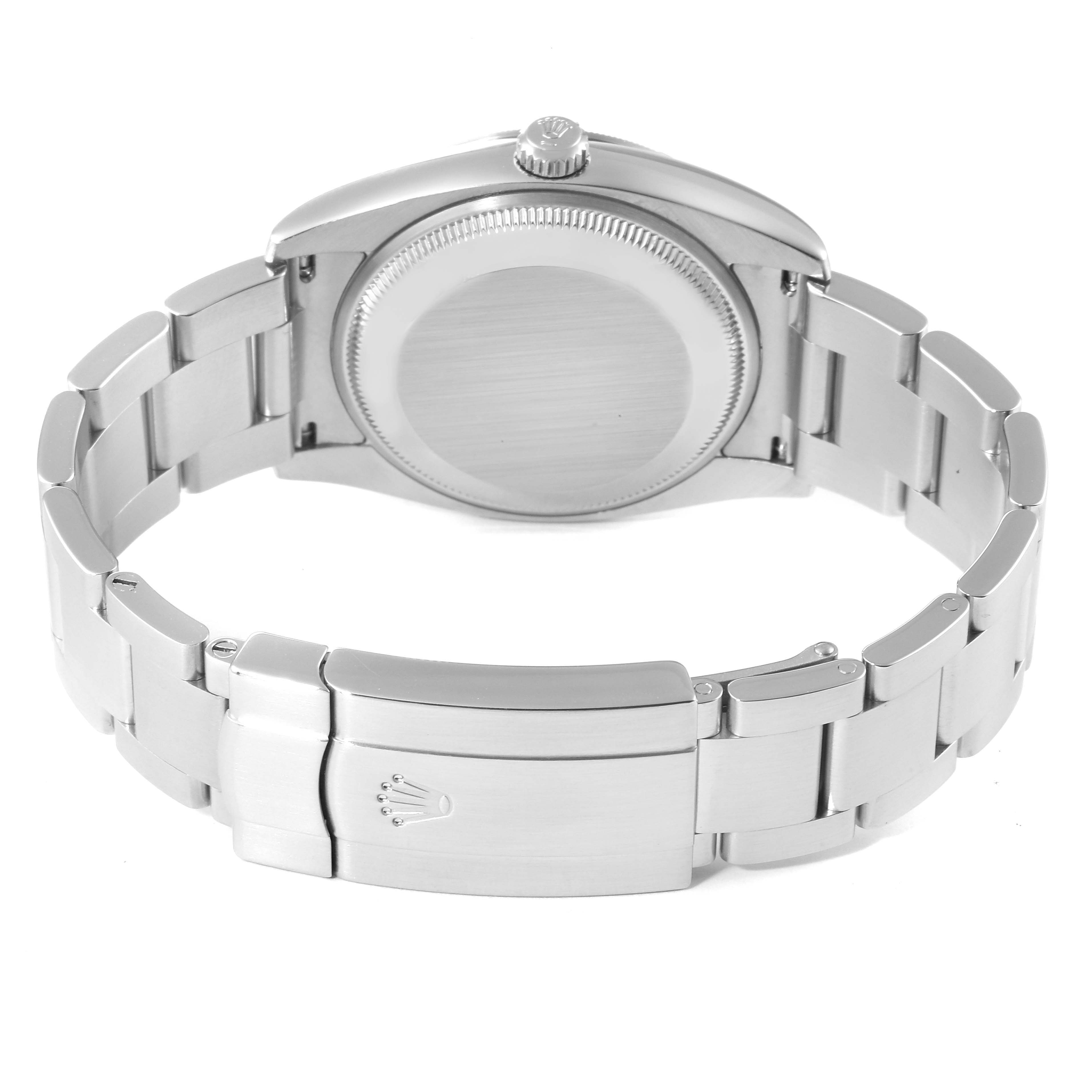 The image shows the back view of a Rolex Air-King 114210 Men's Stainless Steel White Dial 114210 Men's Stainless Steel White Dial watch, highlighting the bracelet and clasp.