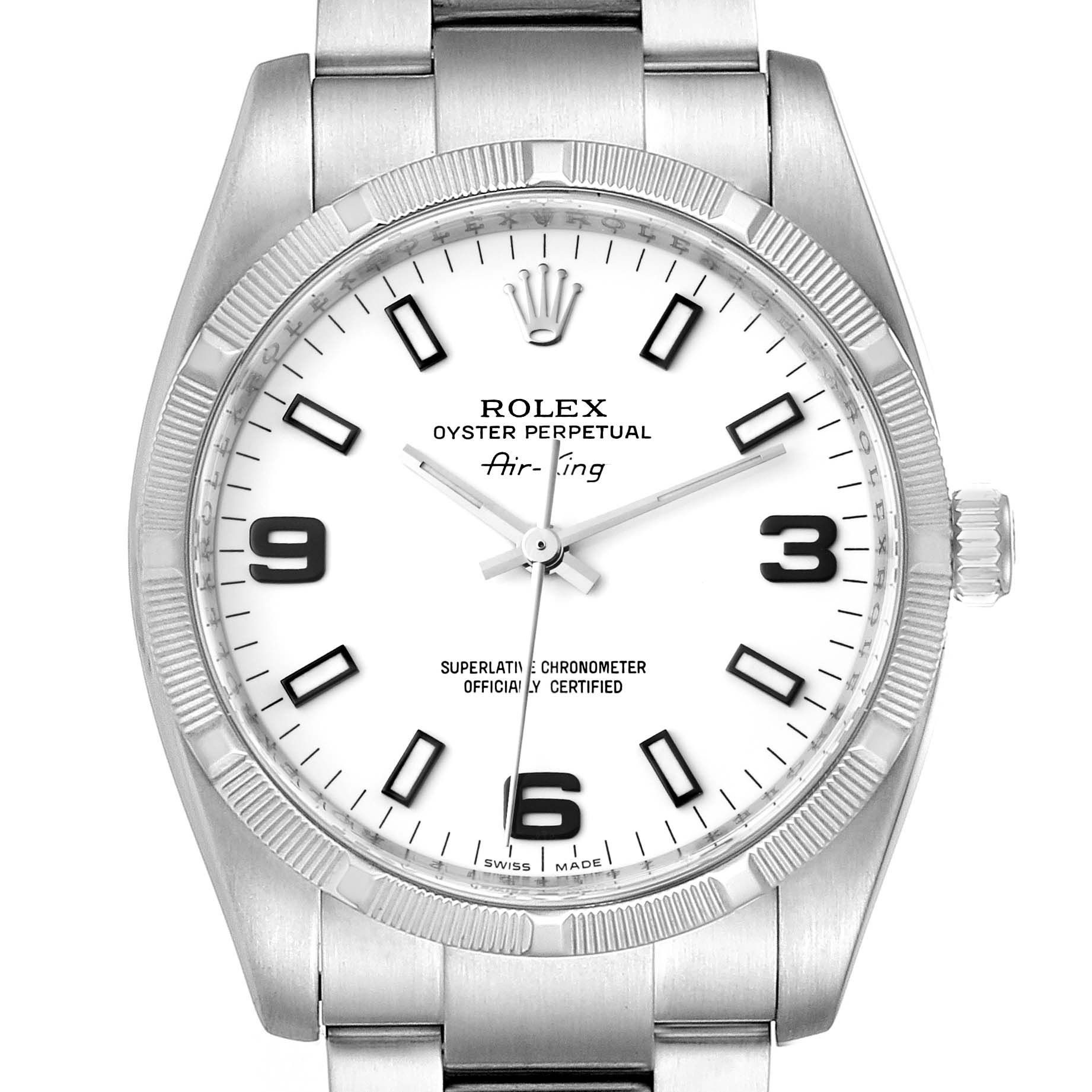 The image shows a front view of the Rolex Air-King 114210 Men's Stainless Steel White Dial 114210 Men's Stainless Steel White Dial watch, featuring its dial, bezel, and part of the stainless steel bracelet.