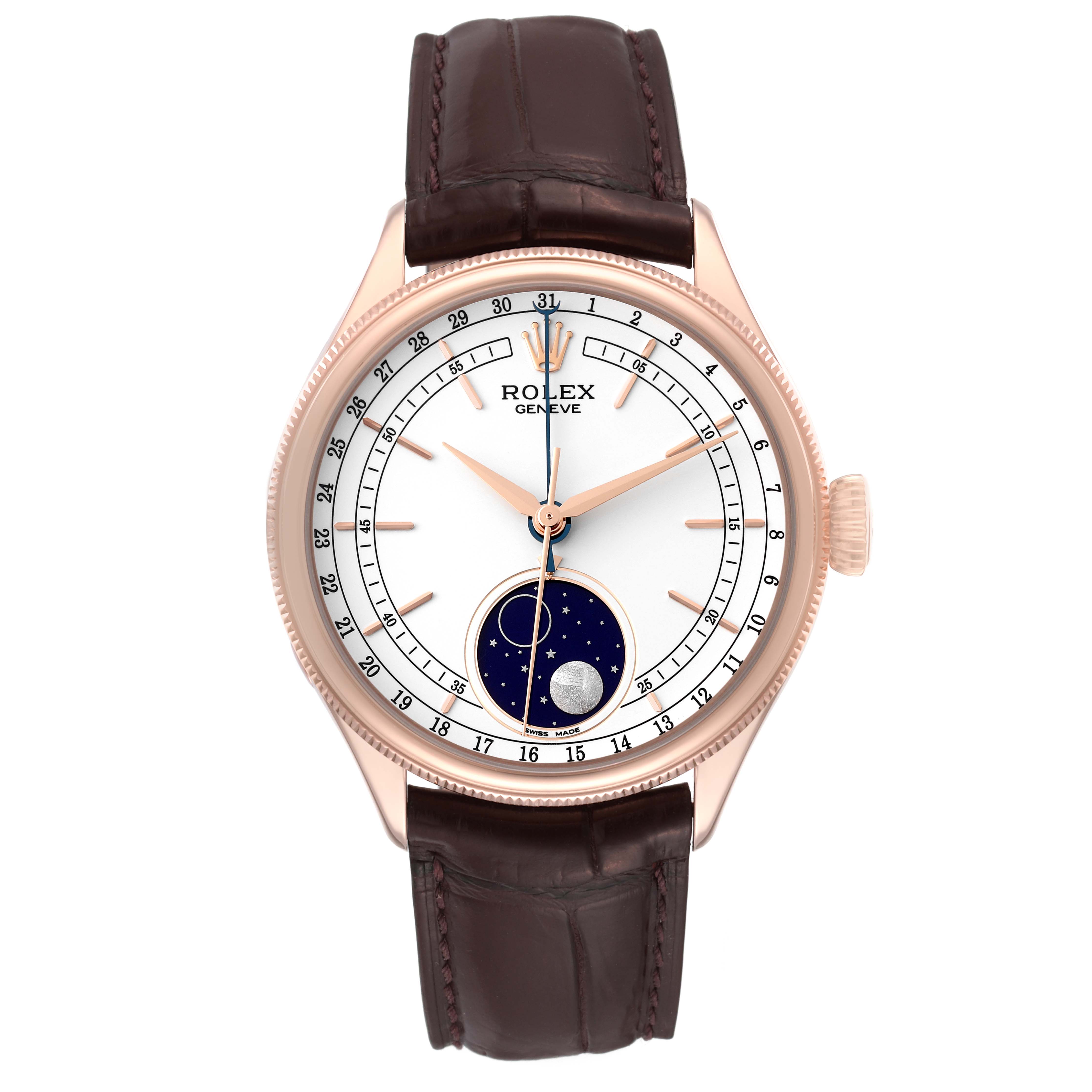 The image shows a front view of a Rolex Cellini 50535 Men's Rose Gold White Dial 50535 Men's Rose Gold White Dial watch with a brown leather strap and a moonphase display.
