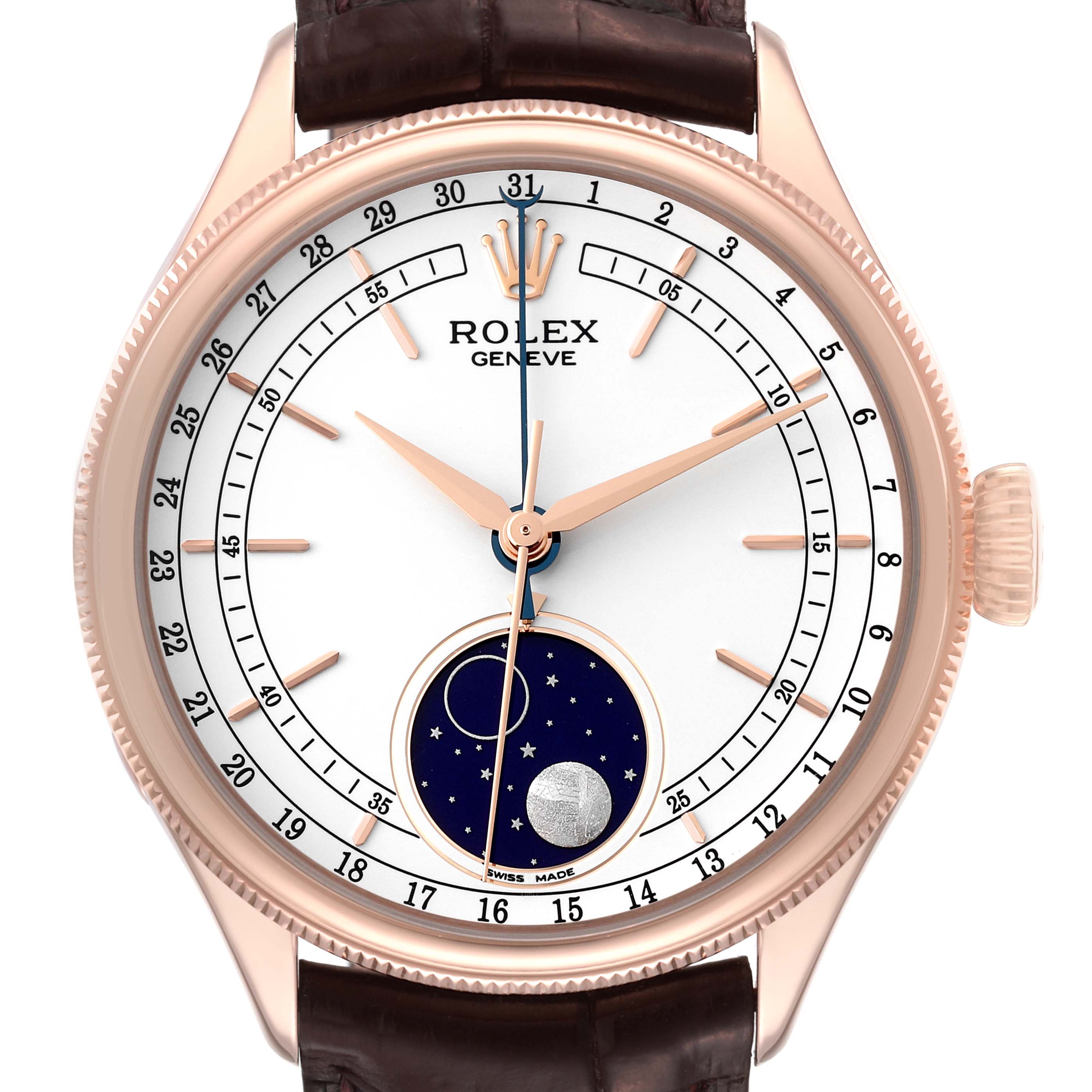 This image shows a close-up of the face of a Rolex Cellini 50535 Men's Rose Gold White Dial 50535 Men's Rose Gold White Dial watch, highlighting the dial, hands, crown, and moonphase indicator.
