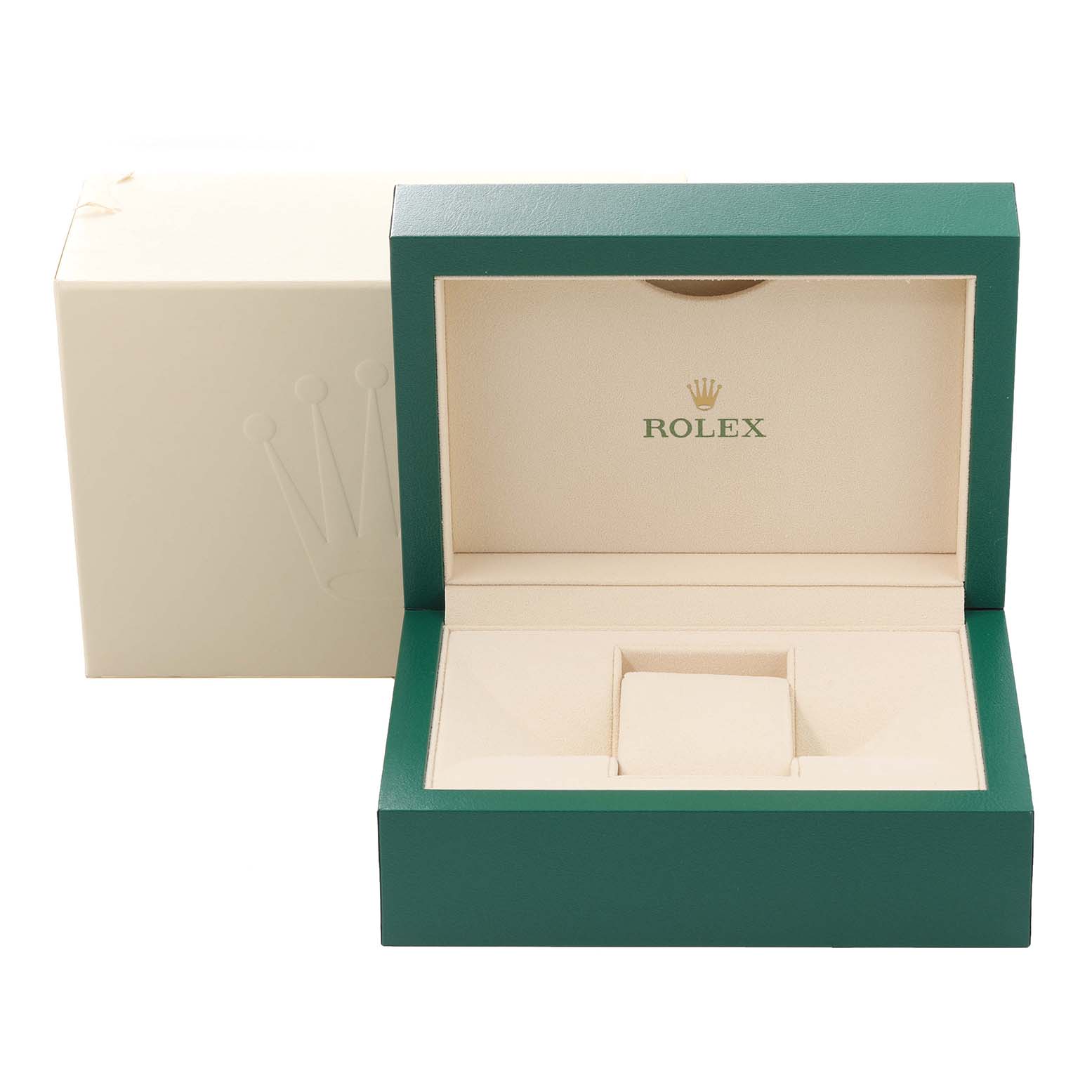 The image shows an open Rolex Cellini 50535 Men's Rose Gold White Dial 50535 Men's Rose Gold White Dial watch box with green and beige colors.