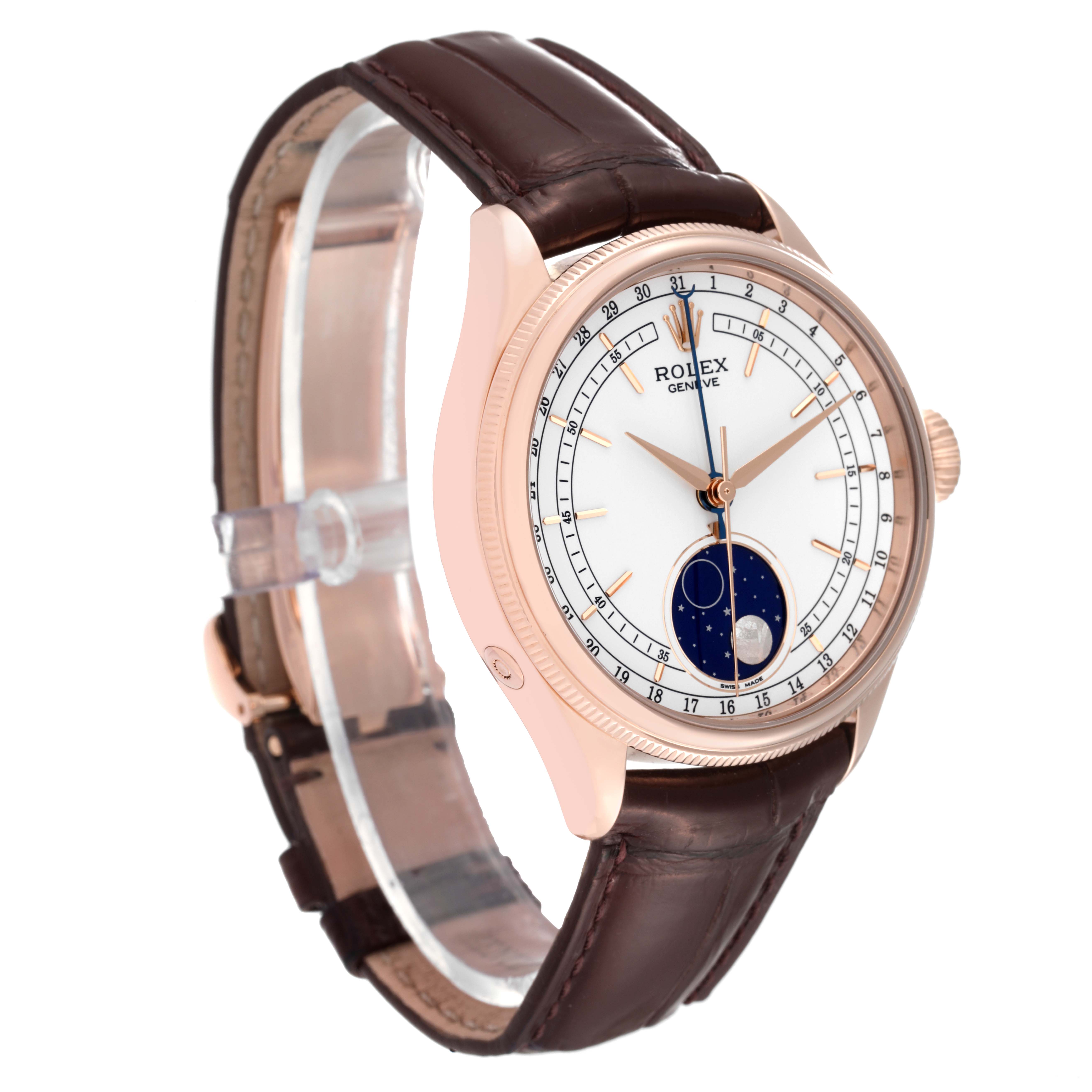 The image shows a side angle of the Rolex Cellini 50535 Men's Rose Gold White Dial 50535 Men's Rose Gold White Dial watch, highlighting its face, bezel, crown, and leather strap.