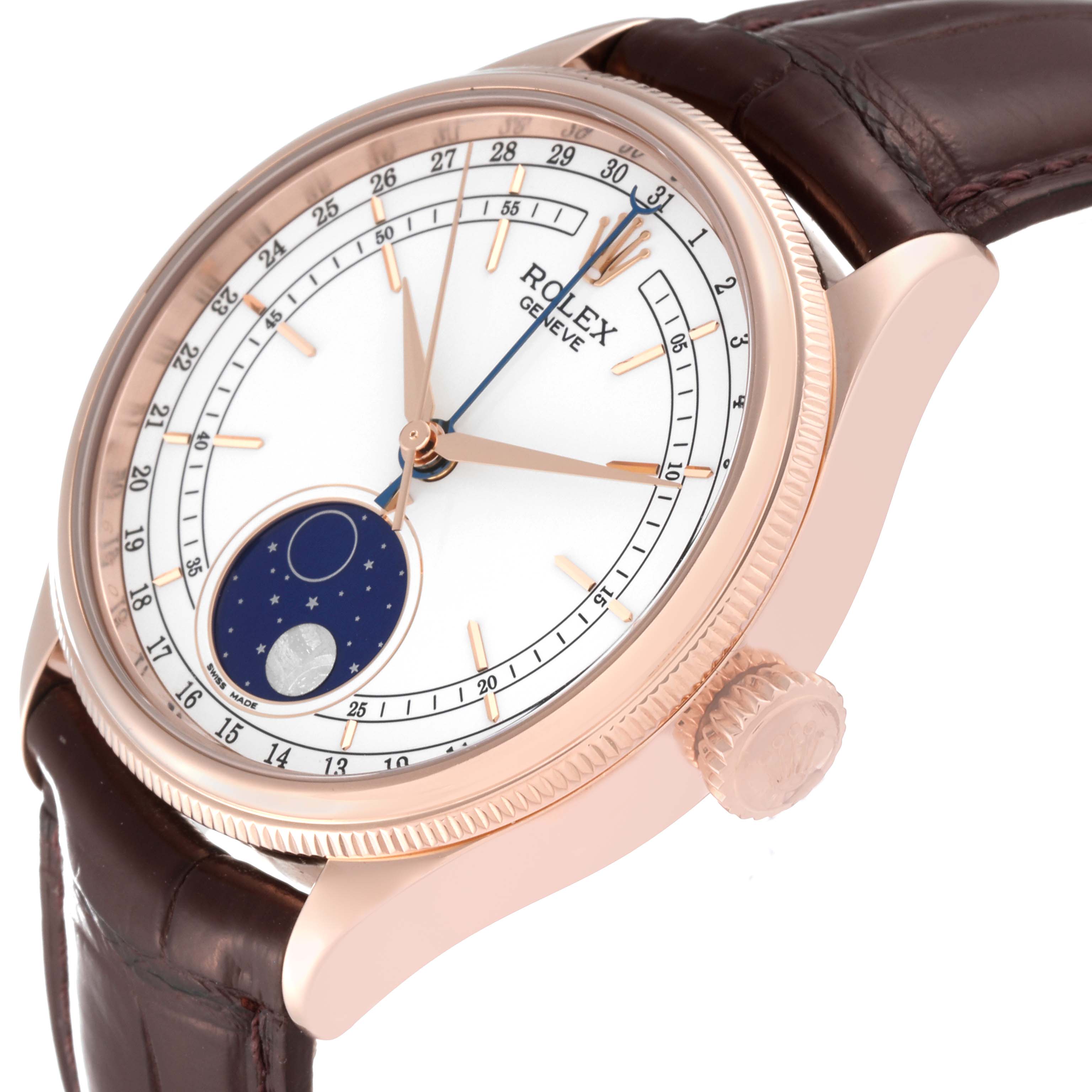 The image shows a Rolex Cellini 50535 Men's Rose Gold White Dial 50535 Men's Rose Gold White Dial watch at an angle highlighting the dial, crown, and part of the leather strap.