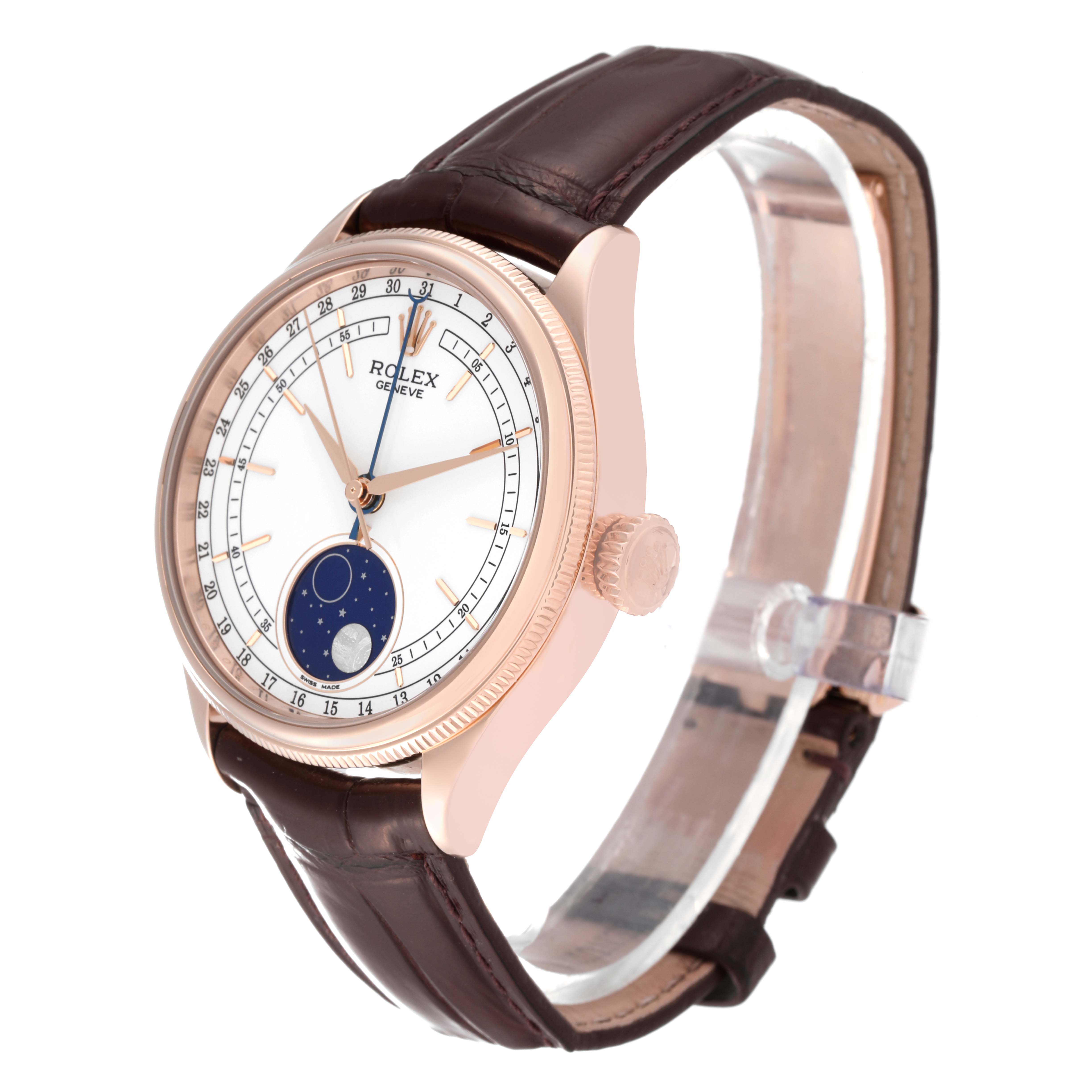 The image shows a Rolex Cellini 50535 Men's Rose Gold White Dial 50535 Men's Rose Gold White Dial watch at a three-quarter angle, highlighting the dial, crown, and leather strap.