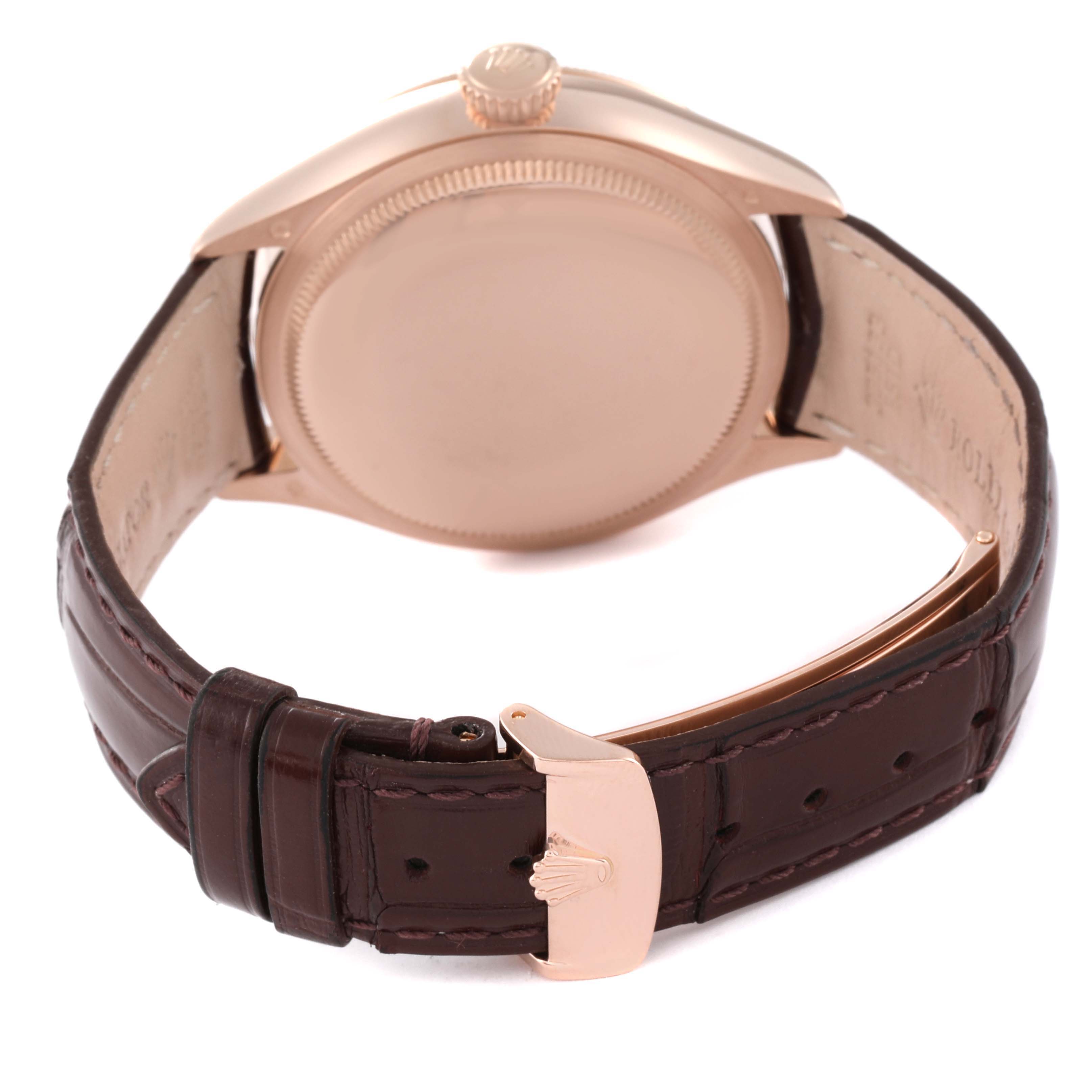 This image shows the back and side of a Rolex Cellini 50535 Men's Rose Gold White Dial 50535 Men's Rose Gold White Dial watch, highlighting the case, crown, and leather strap with a clasp.