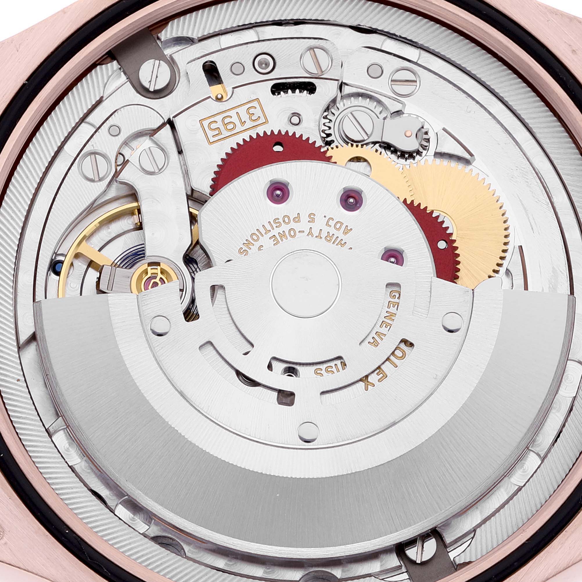 The image shows the internal movement mechanism of a Rolex Cellini 50535 Men's Rose Gold White Dial 50535 Men's Rose Gold White Dial watch from a top-down angle.