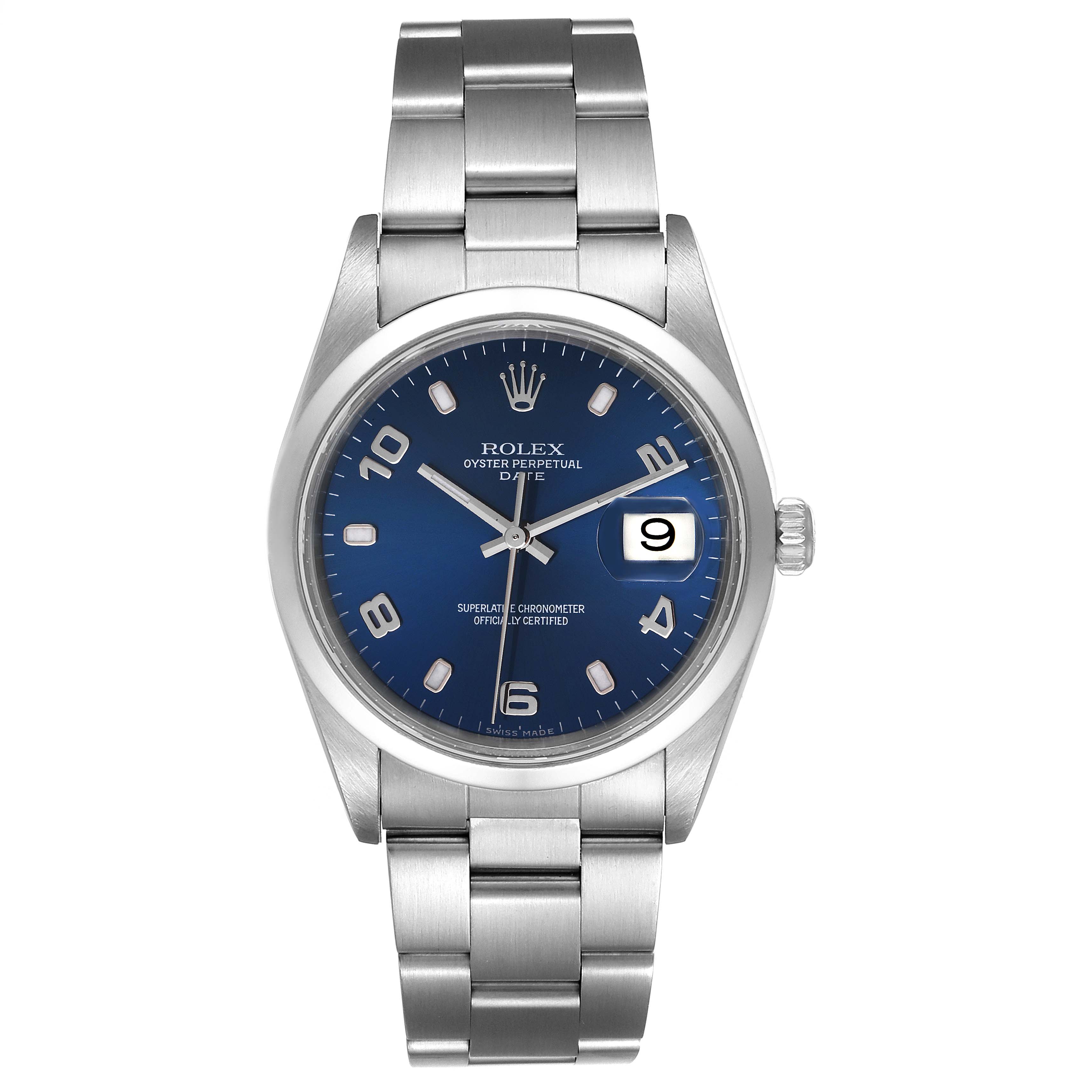 The image shows a face-forward view of a Rolex Date 15200 Men's Stainless Steel Blue Dial 15200 Men's Stainless Steel Blue Dial model watch, displaying the dial, bracelet, and date window.