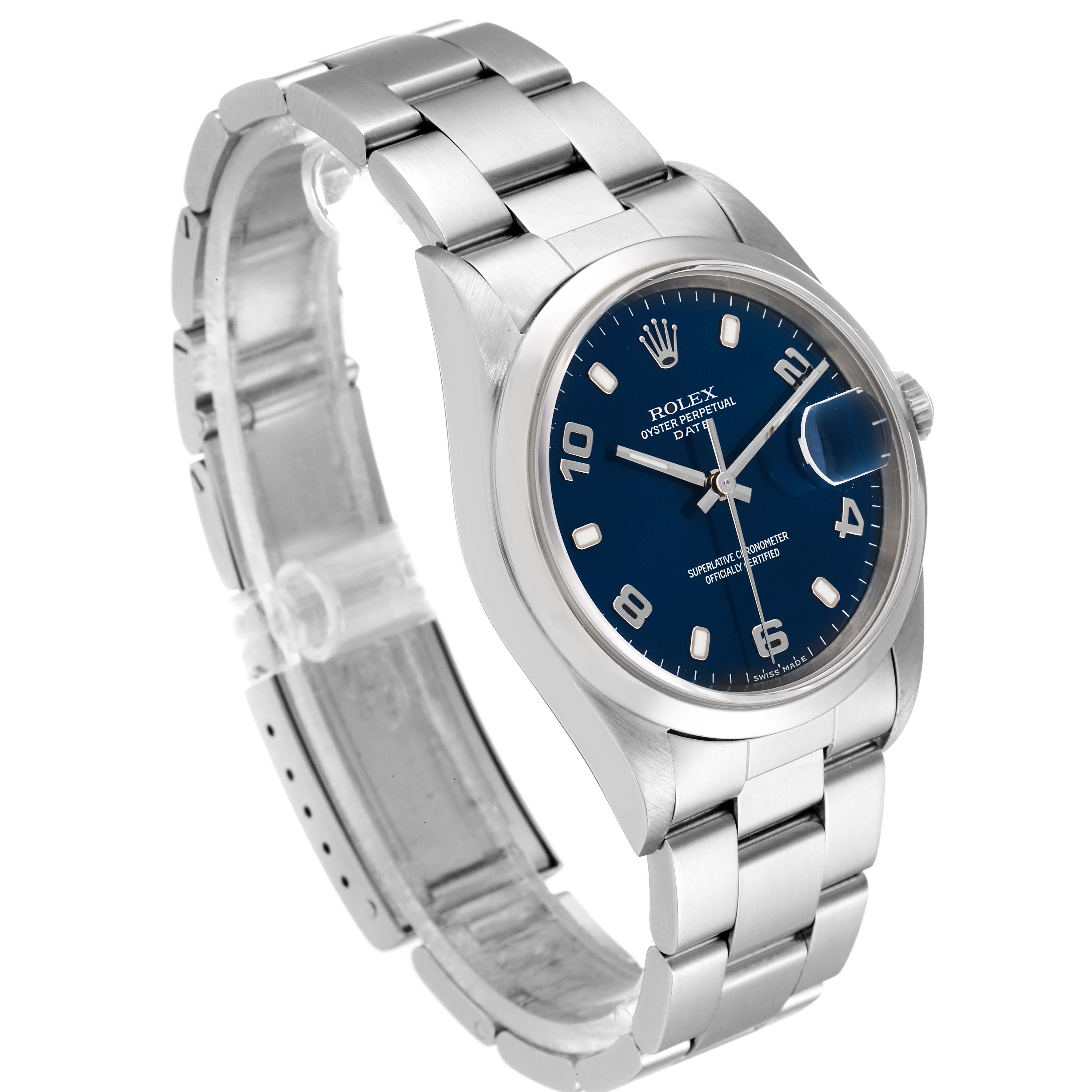 The image shows a Rolex Date 15200 Men's Stainless Steel Blue Dial 15200 Men's Stainless Steel Blue Dial model watch angled to display the bracelet, case, dial, and part of the clasp.