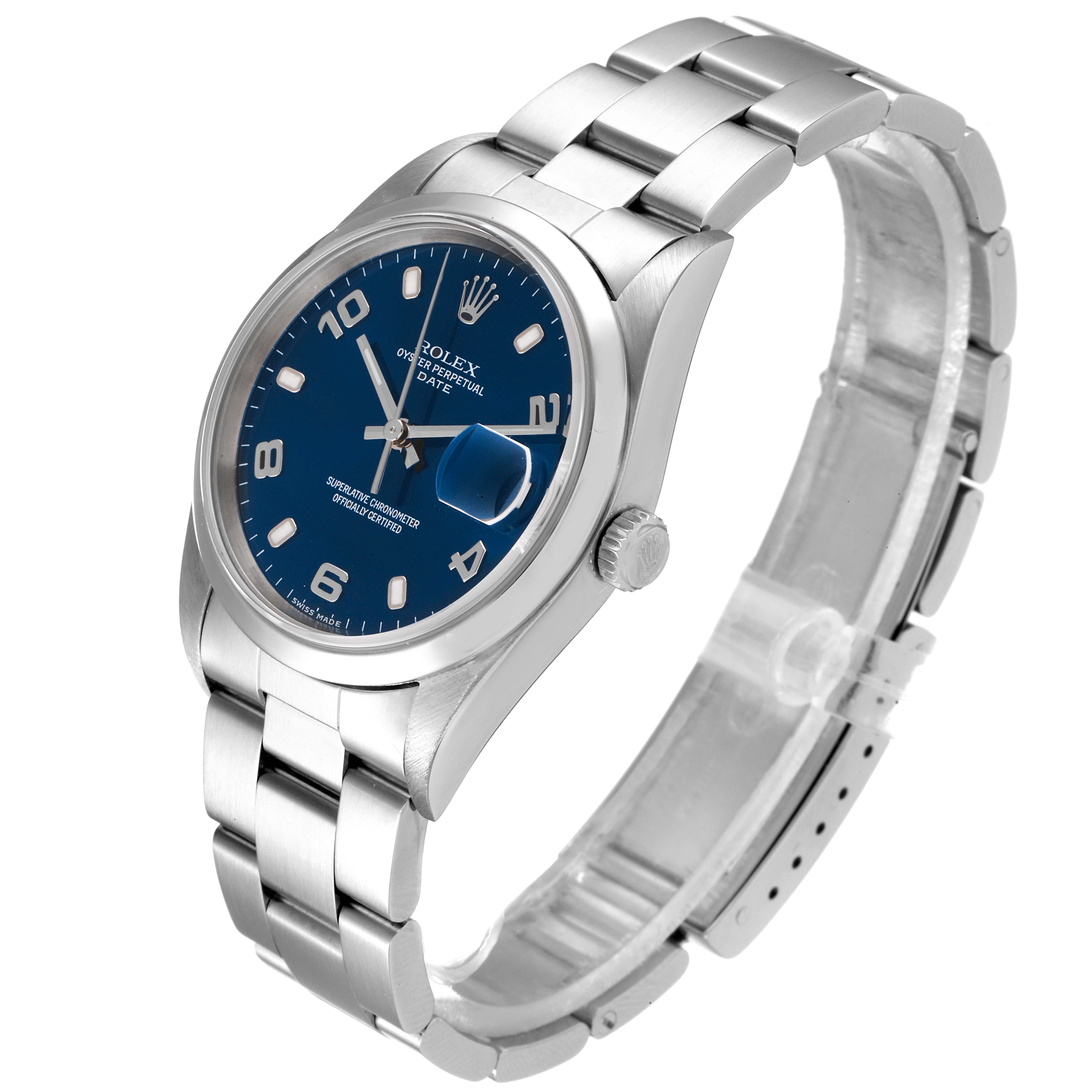 The image shows the front and side view of a Rolex Date 15200 Men's Stainless Steel Blue Dial 15200 Men's Stainless Steel Blue Dial watch, including its blue dial, bezel, and bracelet.