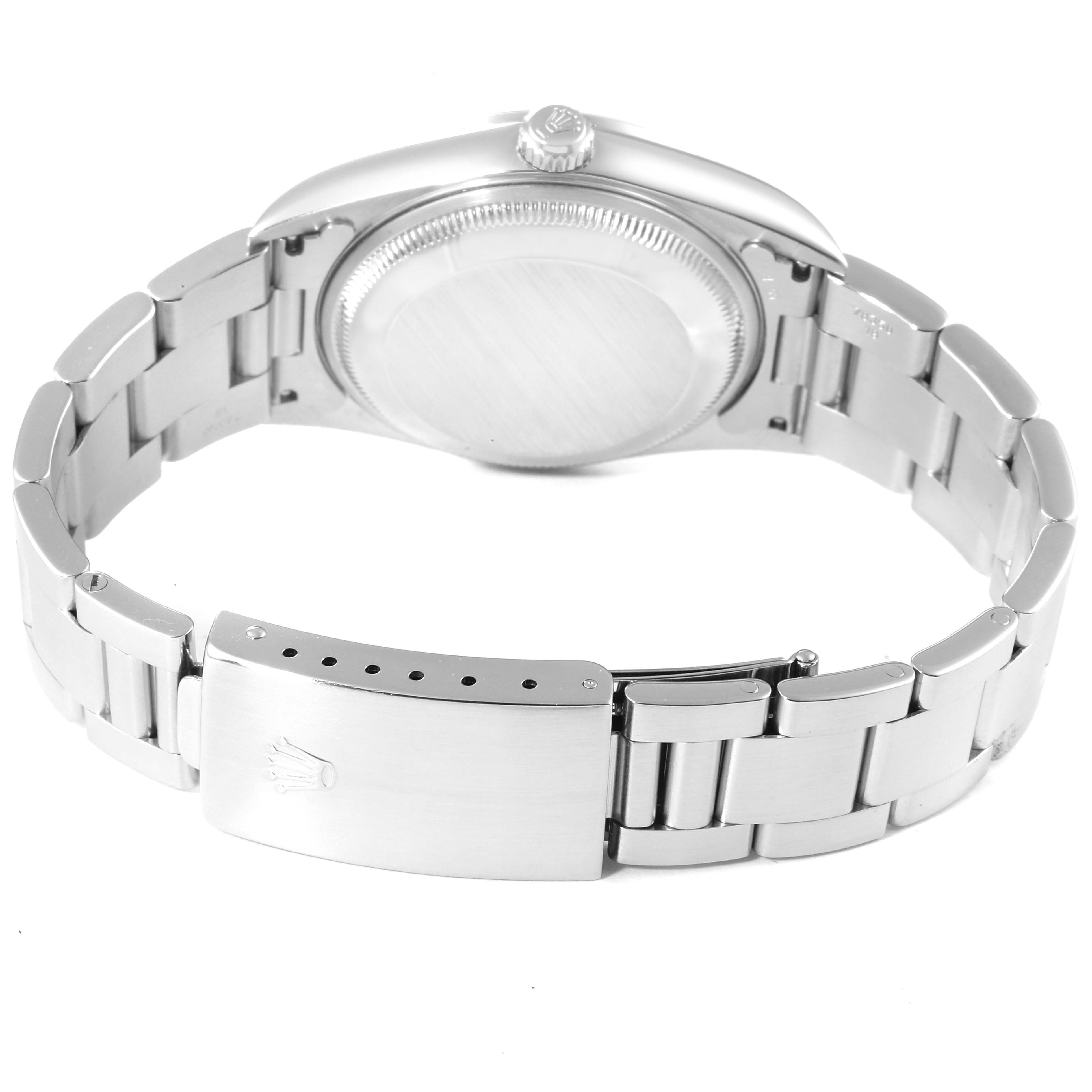 The image shows the back case and bracelet clasp of a Rolex Date 15200 Men's Stainless Steel Blue Dial 15200 Men's Stainless Steel Blue Dial model watch from a rear angle.