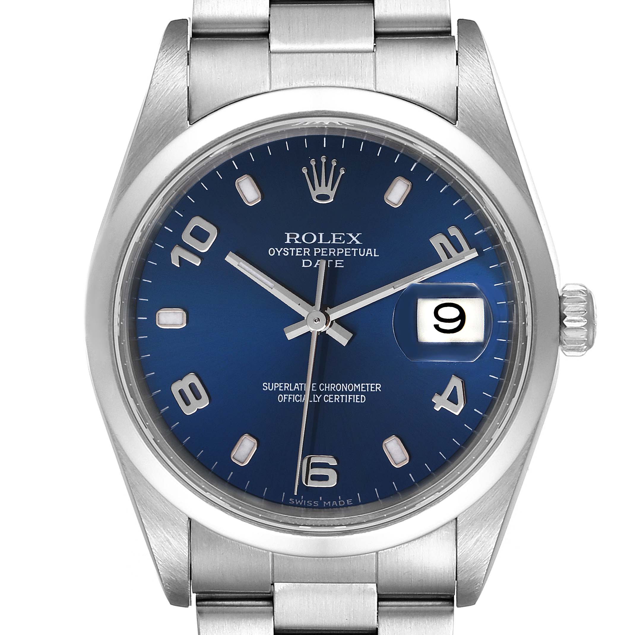 This image shows a Rolex Date 15200 Men's Stainless Steel Blue Dial 15200 Men's Stainless Steel Blue Dial model watch, featuring a close-up of the dial, case, and part of the bracelet.