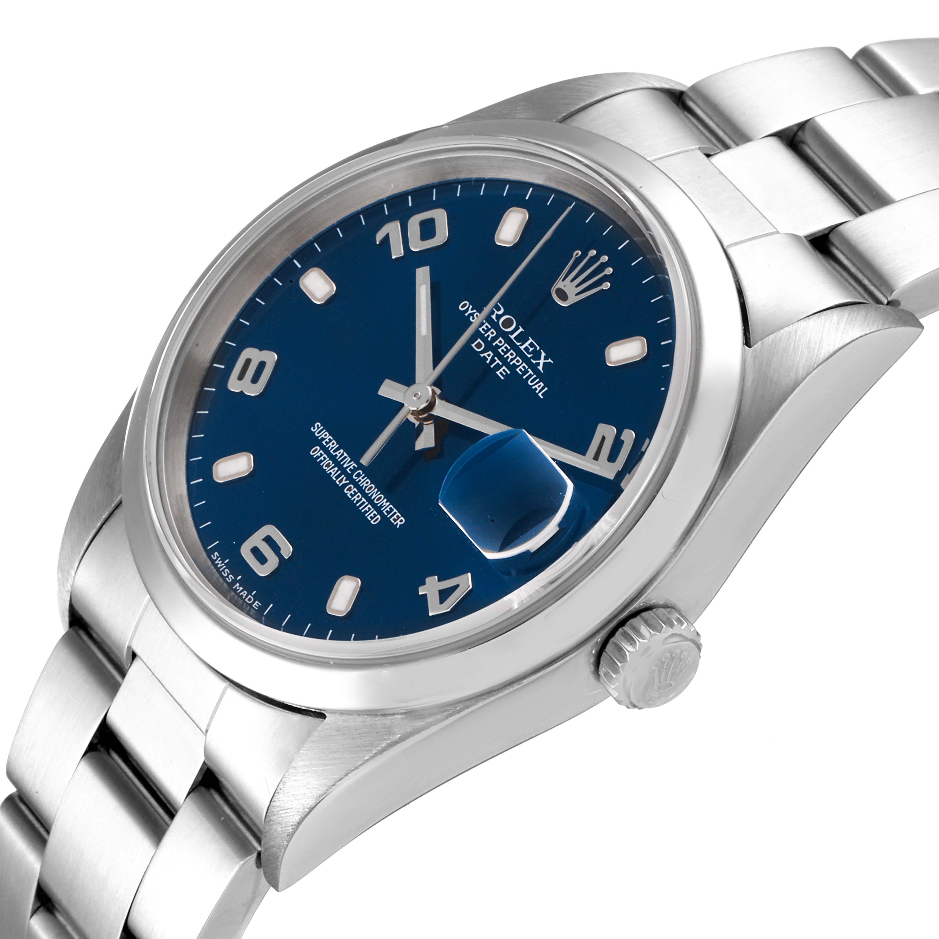 The image shows the Rolex Date 15200 Men's Stainless Steel Blue Dial 15200 Men's Stainless Steel Blue Dial watch at an angled view, highlighting its blue dial, date window, and stainless steel bracelet.