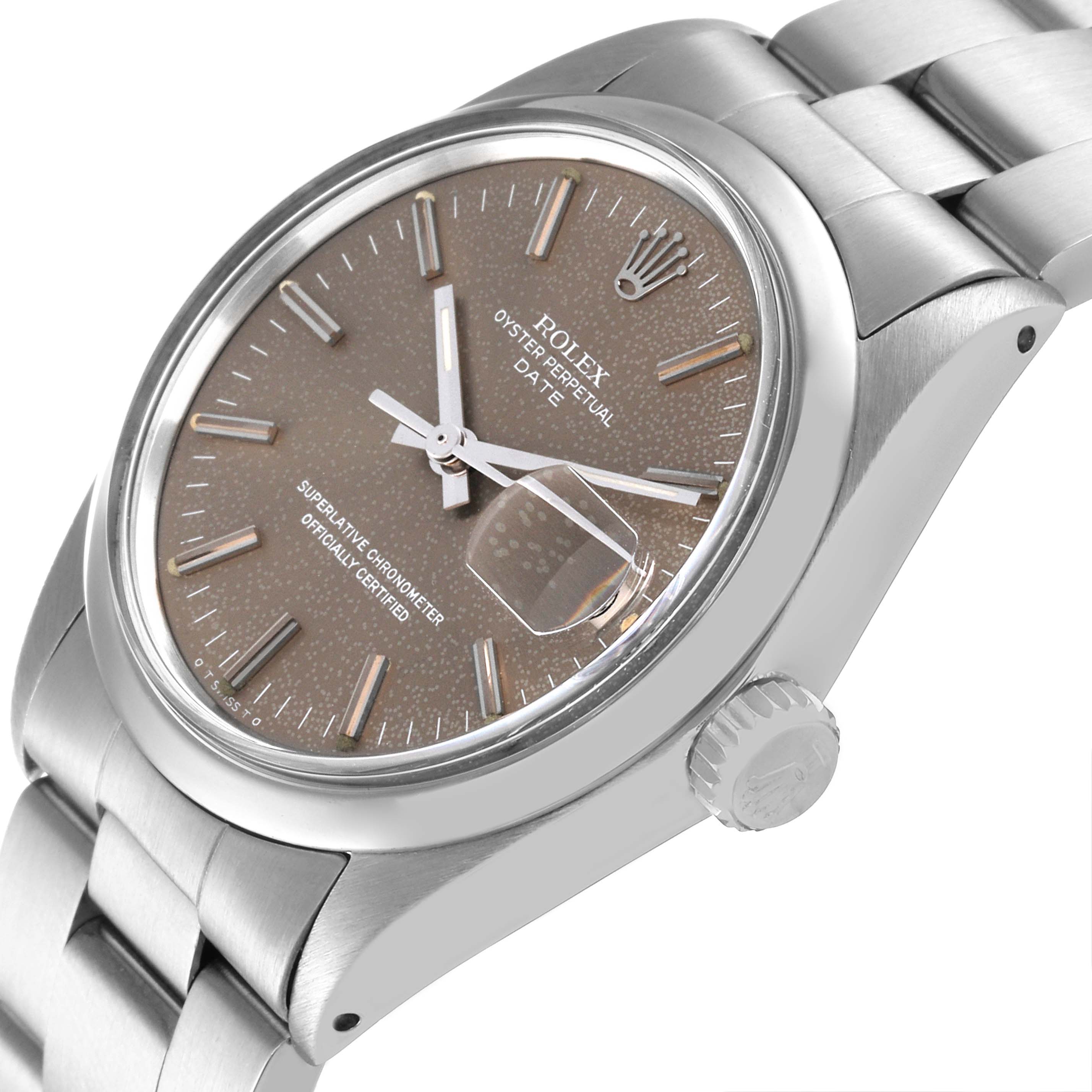 The image shows a close-up, angled view of the Rolex Vintage Collection 1500 Men's Stainless Steel Grey Dial 1500 Men's Stainless Steel Grey Dial Oyster Perpetual Date watch, highlighting the dial, crown, and bracelet.