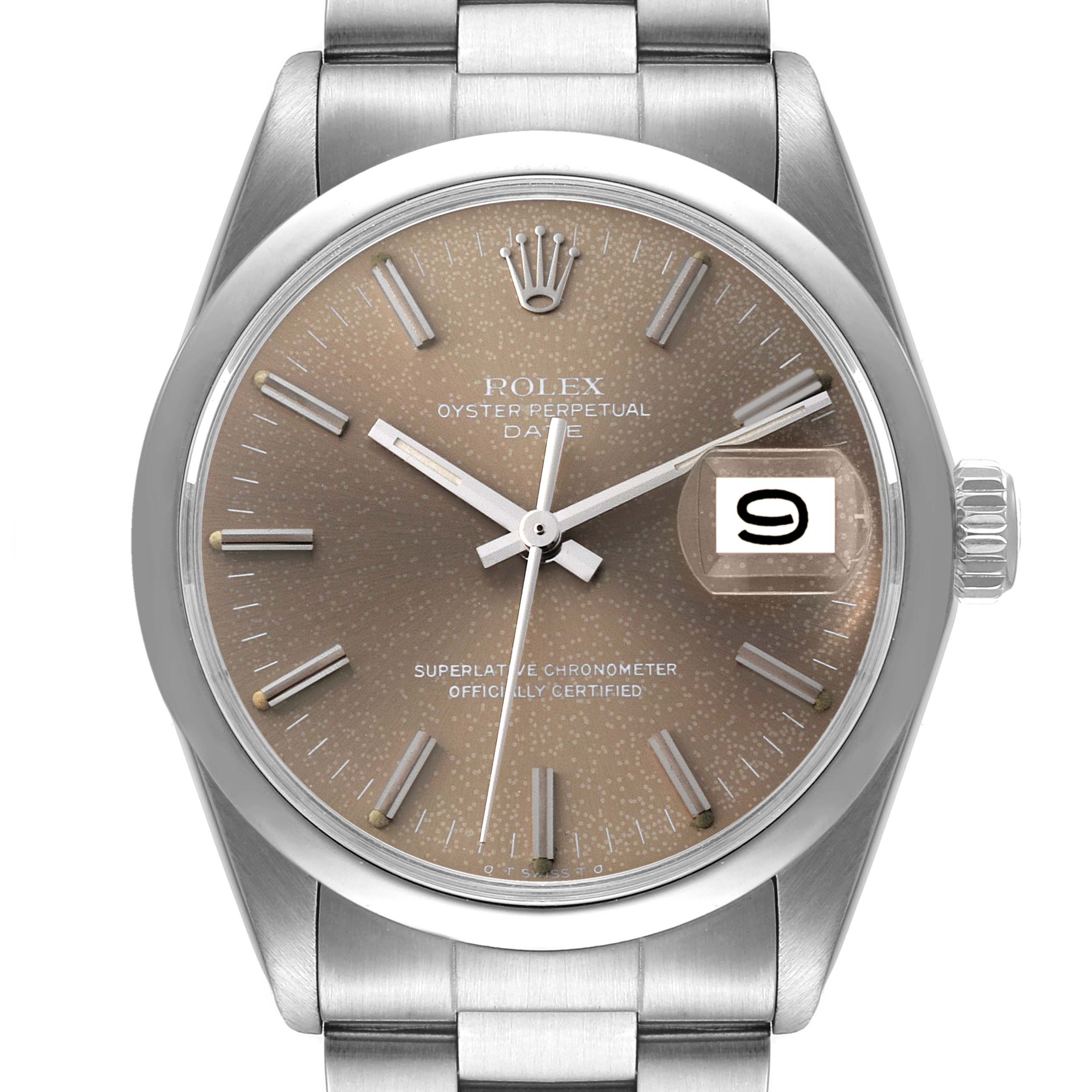 The image shows a front view of the Rolex Vintage Collection 1500 Men's Stainless Steel Grey Dial 1500 Men's Stainless Steel Grey Dial Oyster Perpetual Date watch, highlighting the dial, crown, and bracelet.