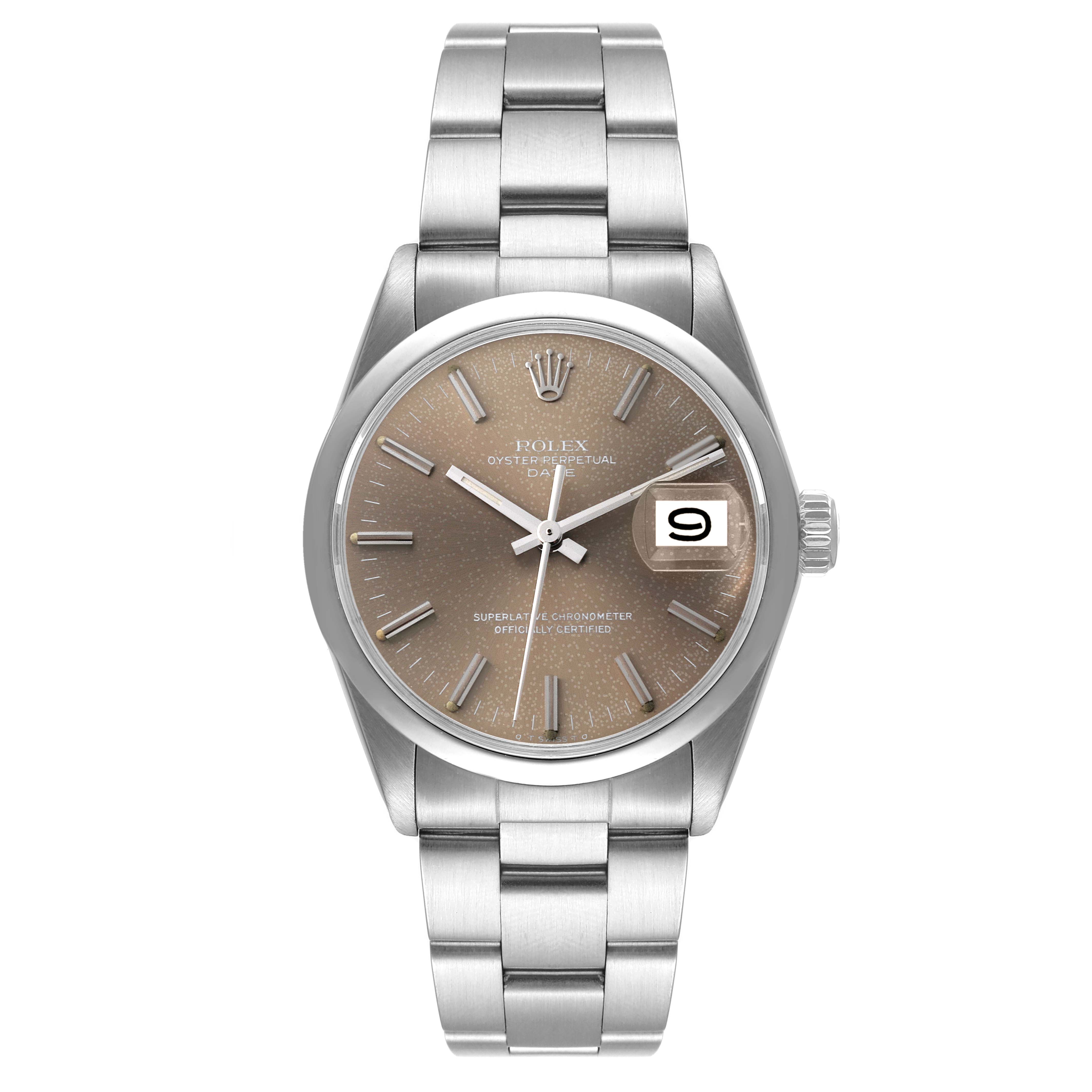 The Rolex Vintage Collection 1500 Men's Stainless Steel Grey Dial 1500 Men's Stainless Steel Grey Dial model is shown from a front angle, displaying its dial, bracelet, and date aperture.