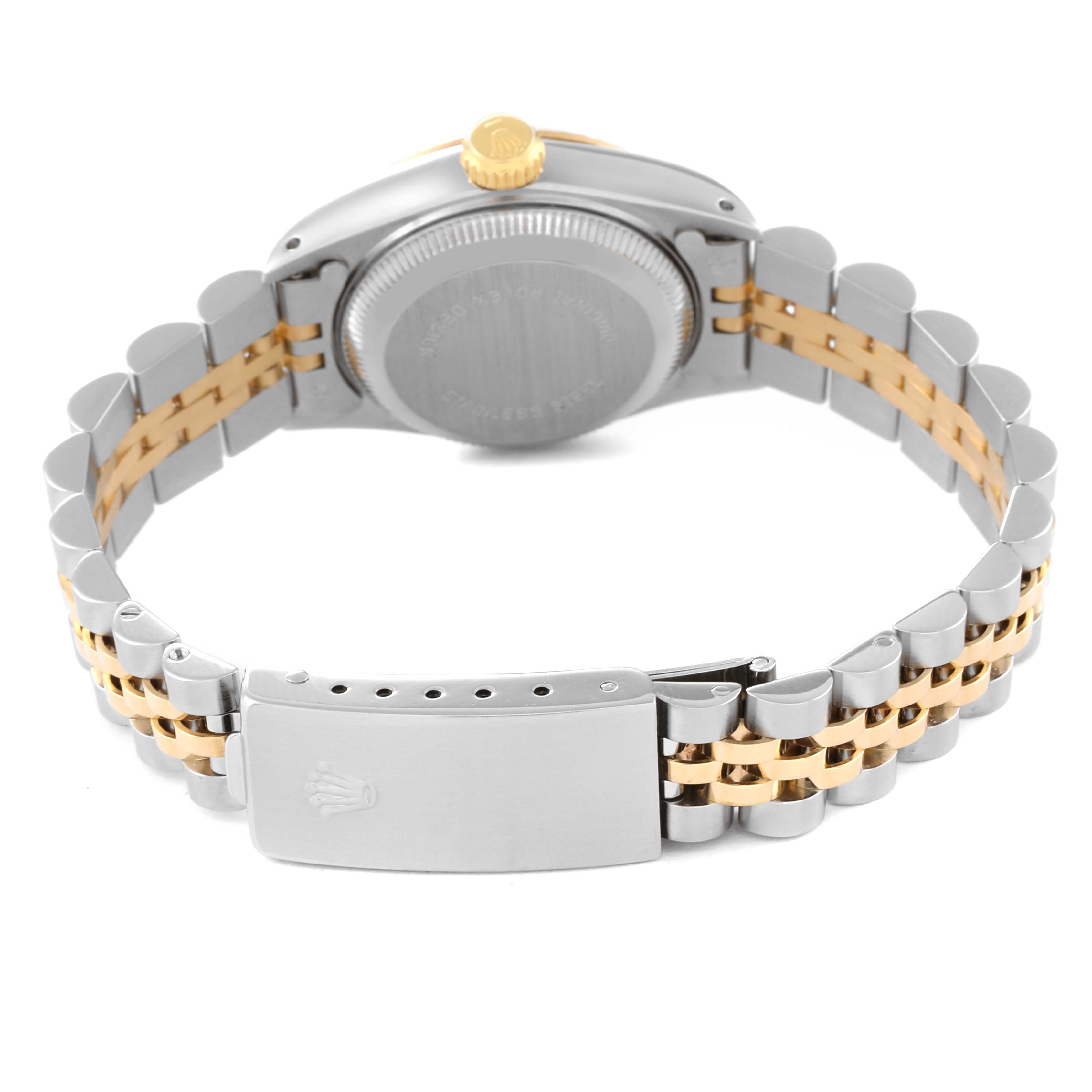 This image shows the back and bracelet of a Rolex Date 69173 Women's Steel and Gold (two tone) Silver Dial 69173 Women's Steel and Gold (two tone) Silver Dial model watch, highlighting the clasp and bi-color metal links.