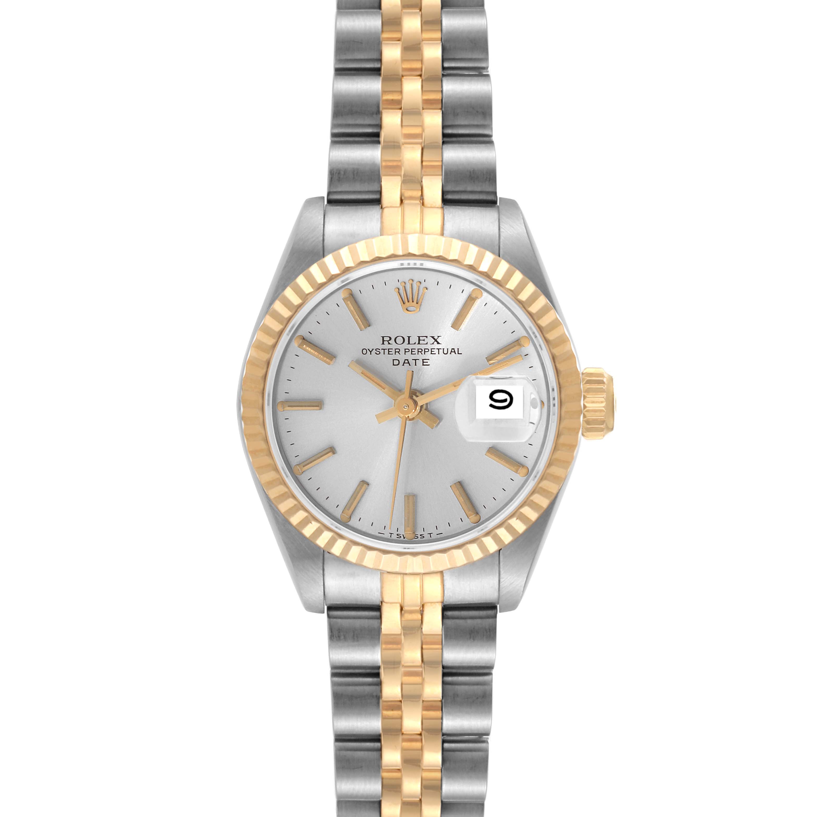 The image shows a frontal view of a Rolex Date 69173 Women's Steel and Gold (two tone) Silver Dial 69173 Women's Steel and Gold (two tone) Silver Dial model watch, featuring a two-tone bracelet and date magnifier.