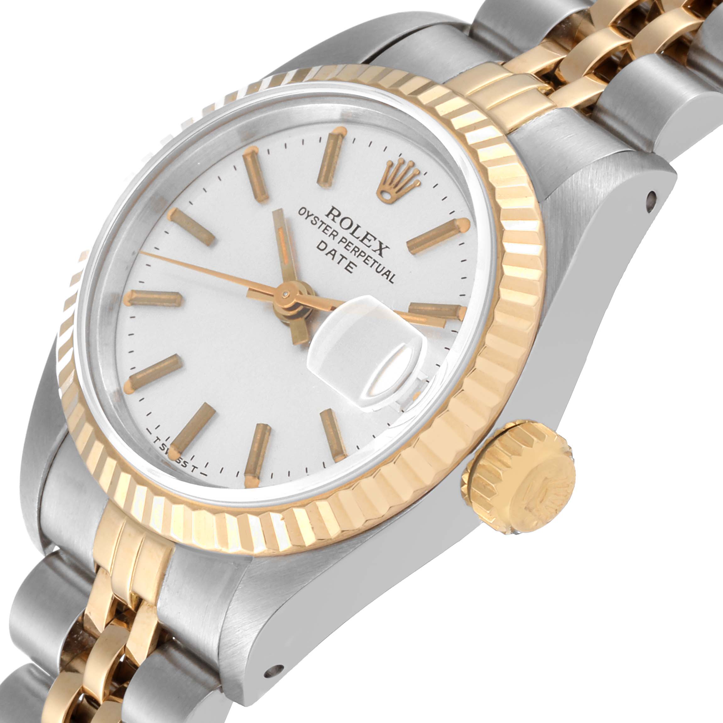 The image shows a Rolex Oyster Perpetual Date watch at a close-up angle displaying the face, bezel, and crown.