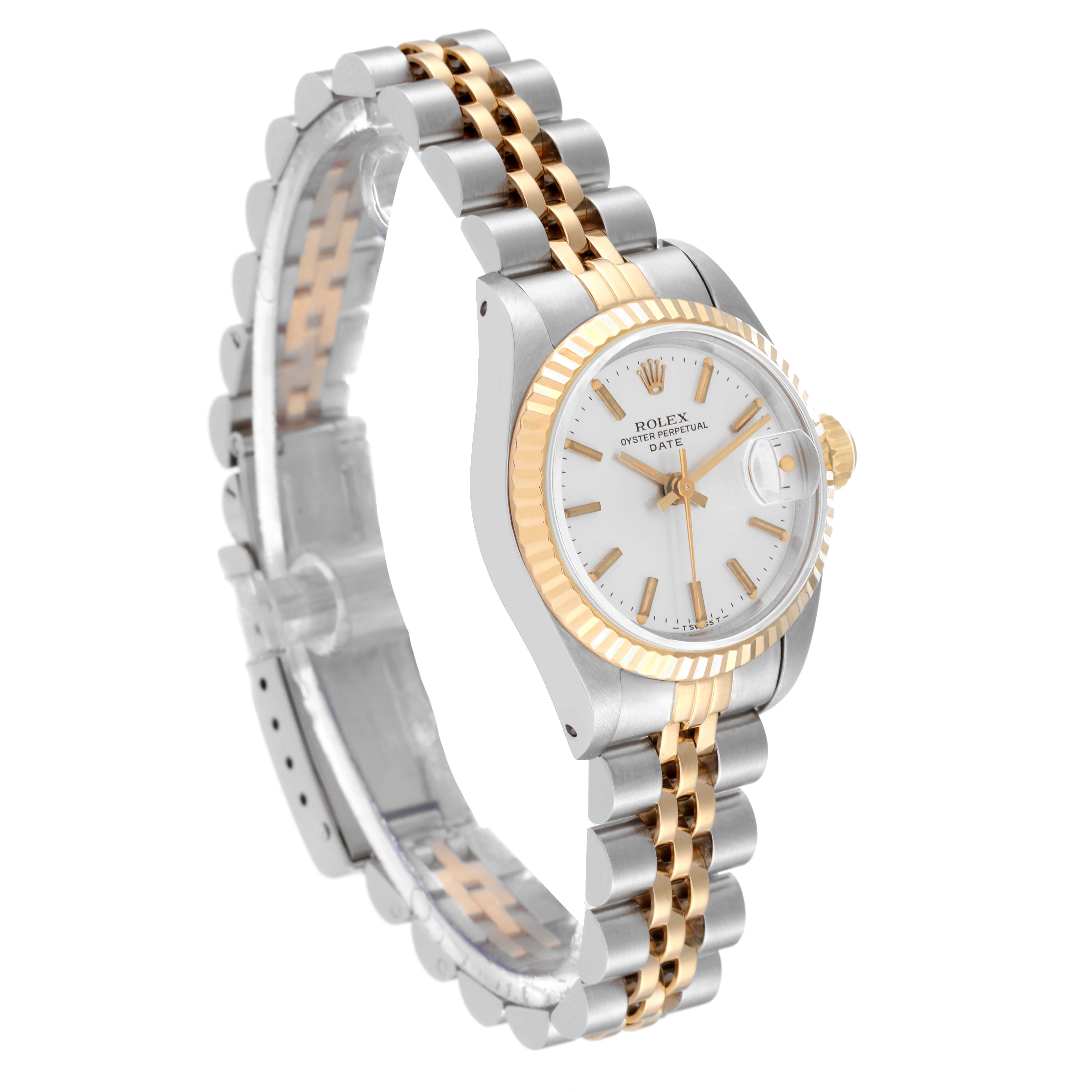 The image shows a Rolex Date 69173 Women's Steel and Gold (two tone) Silver Dial 69173 Women's Steel and Gold (two tone) Silver Dial model watch angled to display the dial, bezel, and two-tone bracelet.