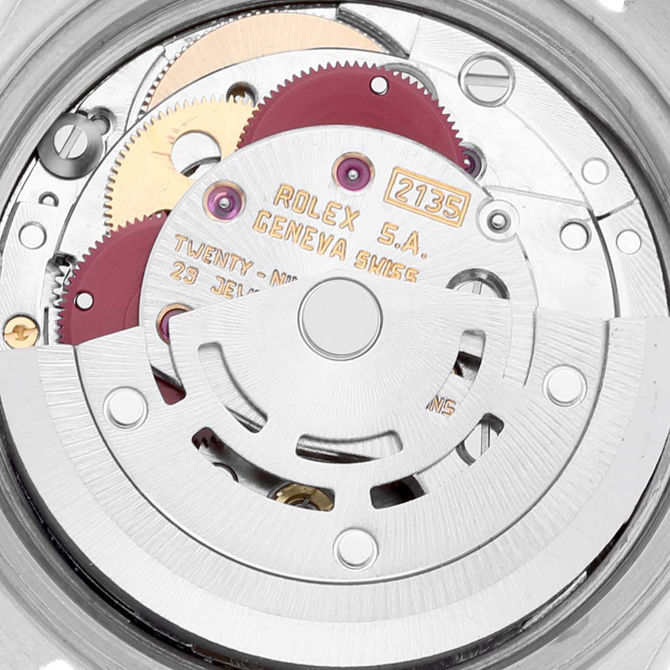 This image shows the internal movement mechanism of a Rolex Date 69173 Women's Steel and Gold (two tone) Silver Dial 69173 Women's Steel and Gold (two tone) Silver Dial model watch, emphasizing the intricate gears and inscriptions.