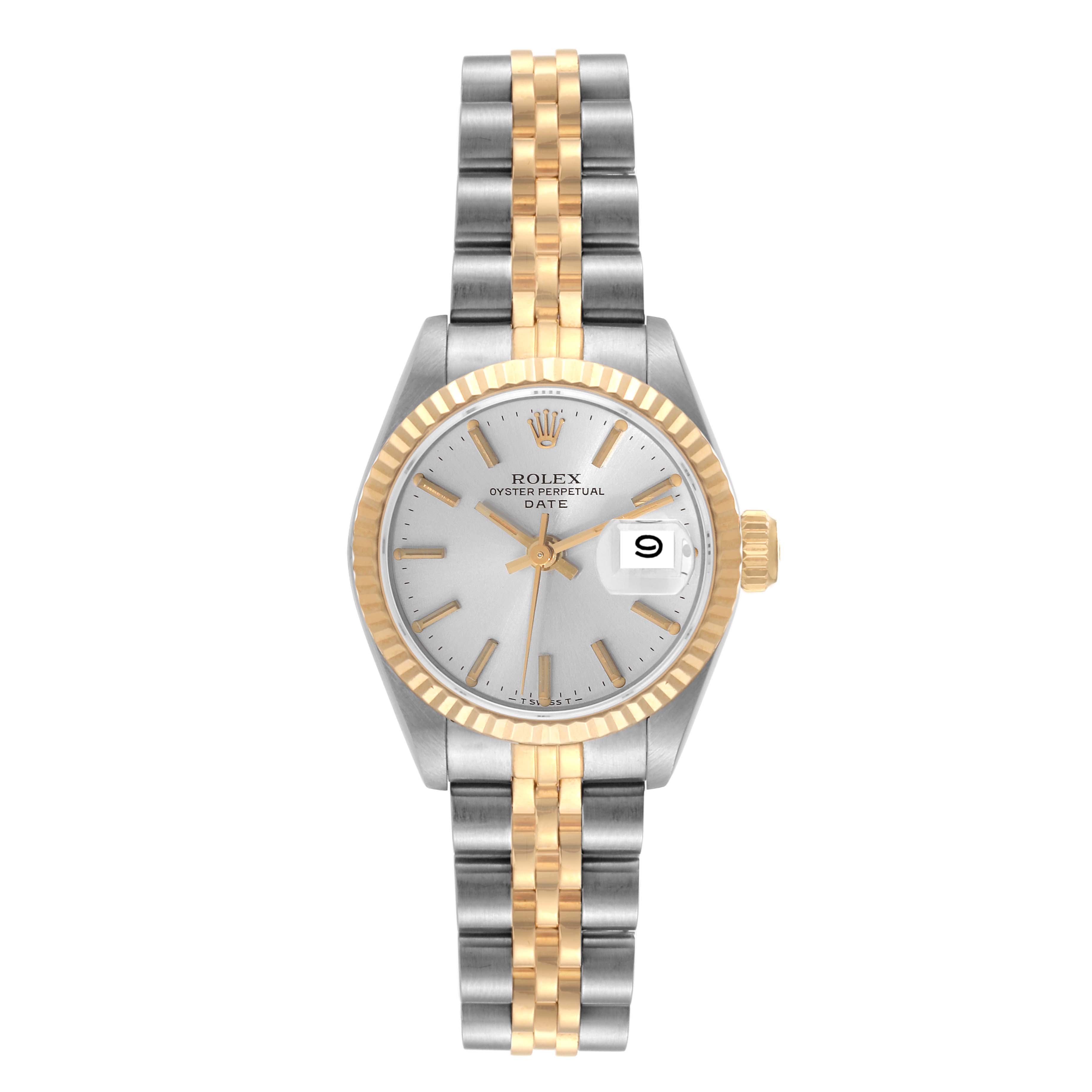 The image shows a Rolex Oyster Perpetual Date watch from a top-down angle, displaying the dial, bezel, and bracelet.