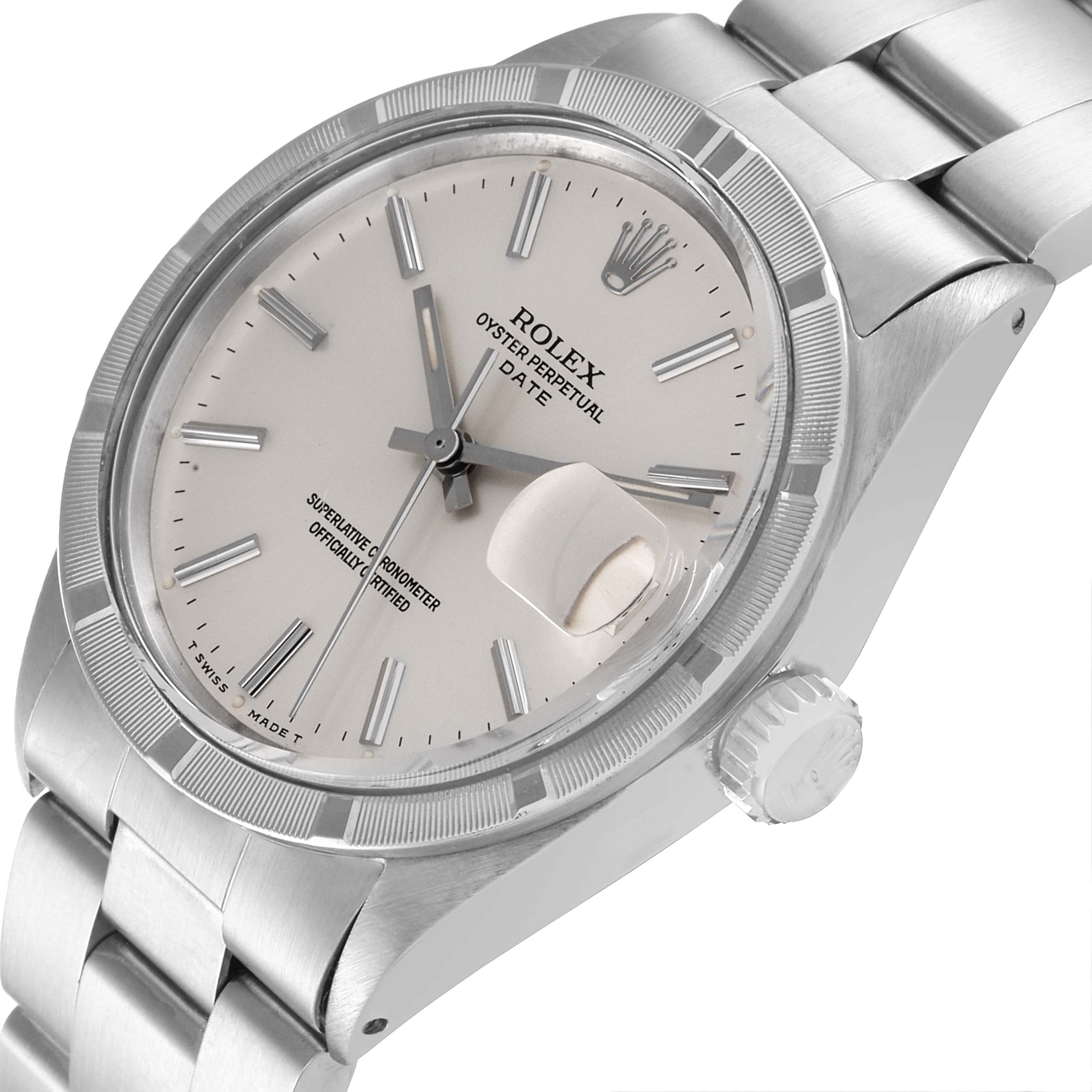 The image shows a close-up angled view of a Rolex Vintage Collection 1501 Men
s Stainless Steel Silver Dial 1501 Men
s Stainless Steel Silver Dial Oyster Perpetual Date watch, highlighting the dial, bezel, crown, and part of the bracelet.