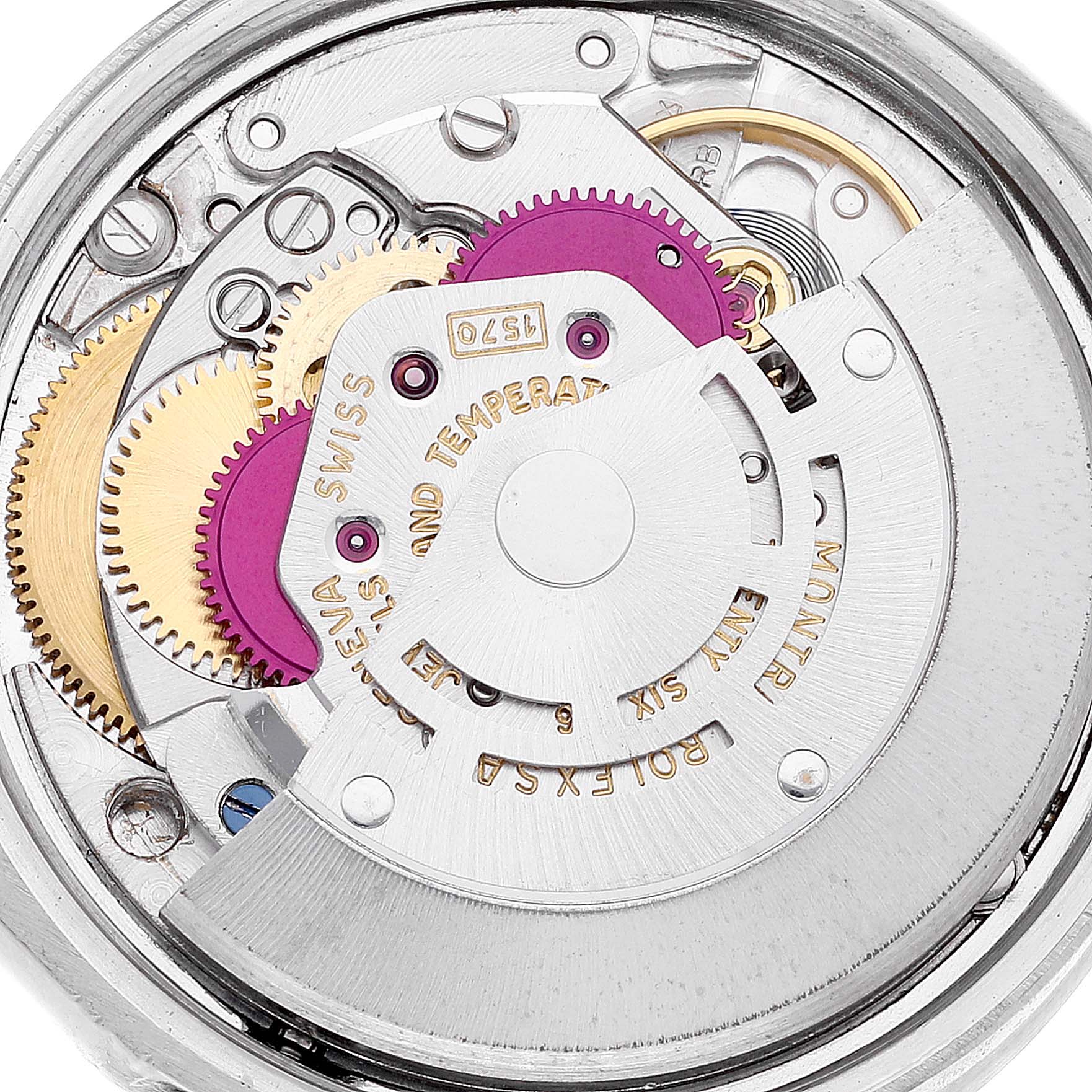 The image shows the internal mechanical movement of a Rolex Vintage Collection 1501 Men
s Stainless Steel Silver Dial 1501 Men
s Stainless Steel Silver Dial watch from a close-up angle.