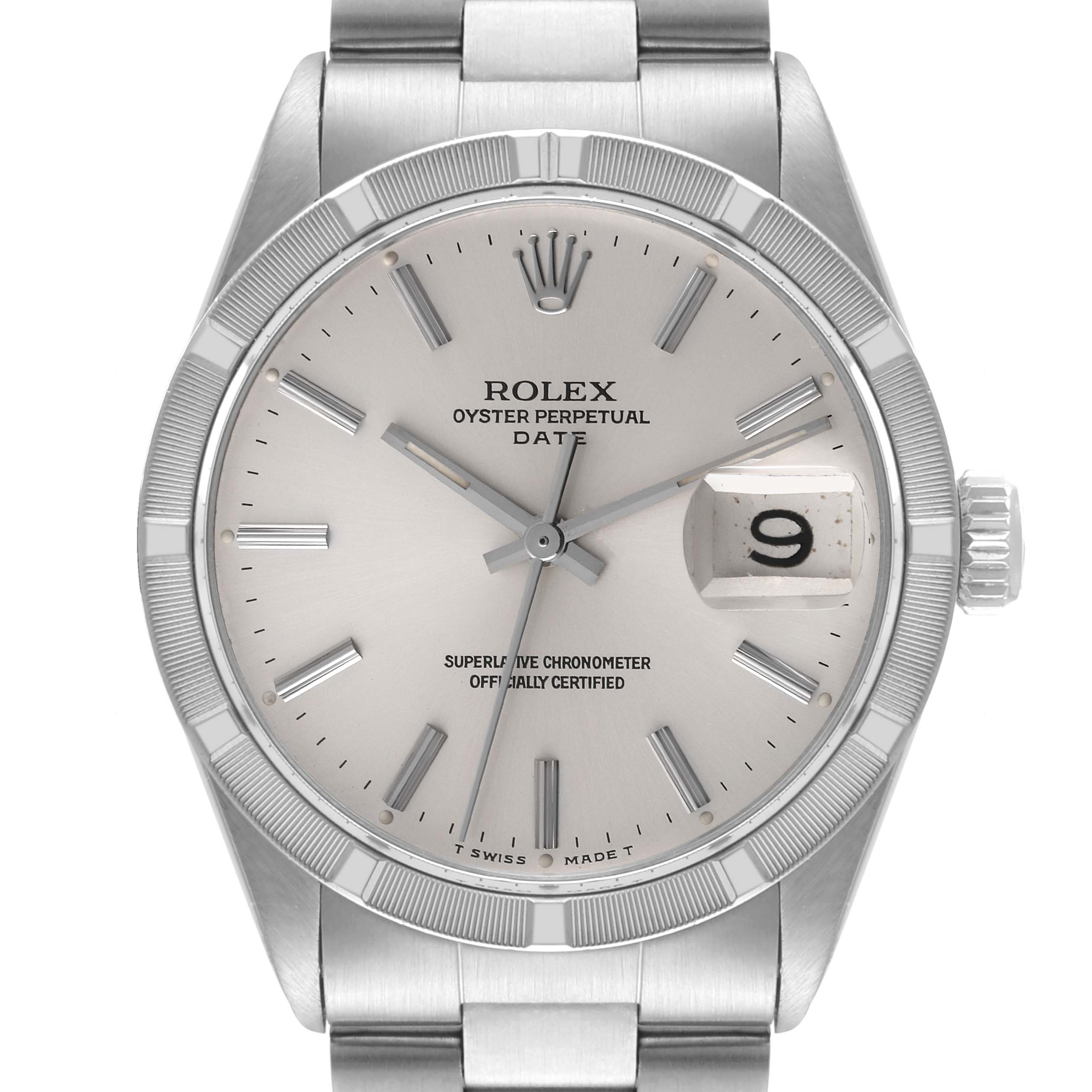 This image shows a front view of the Rolex Vintage Collection 1501 Men
s Stainless Steel Silver Dial 1501 Men
s Stainless Steel Silver Dial Oyster Perpetual Date watch, highlighting the dial, bezel, and bracelet.