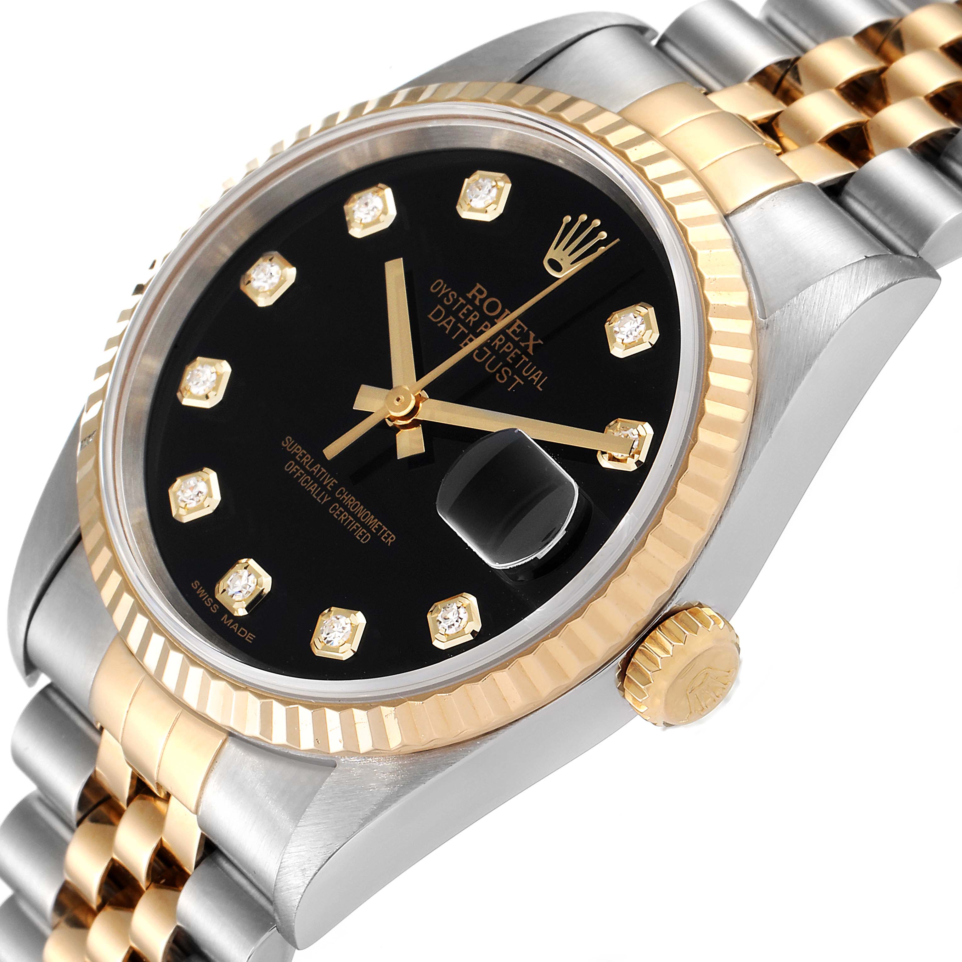 The image shows a Rolex Datejust 16233 Men's Steel and Gold (two tone) Black Dial 16233 Men's Steel and Gold (two tone) Black Dial watch from a tilted angle, highlighting the dial, bezel, crown, and part of the bracelet.