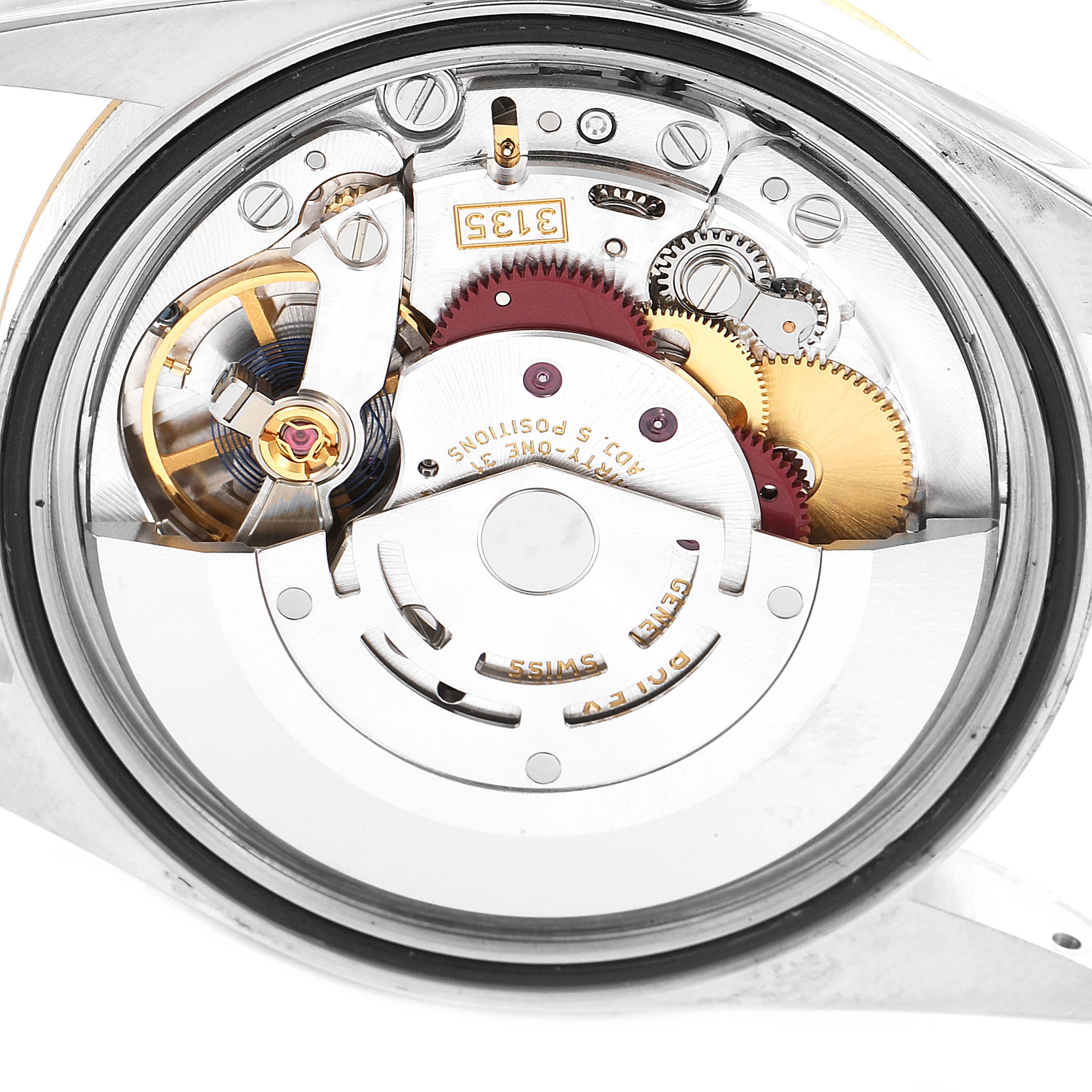 This image shows the movement and internal mechanics of a Rolex Datejust 16233 Men's Steel and Gold (two tone) Black Dial 16233 Men's Steel and Gold (two tone) Black Dial watch from a close-up, rear angle.