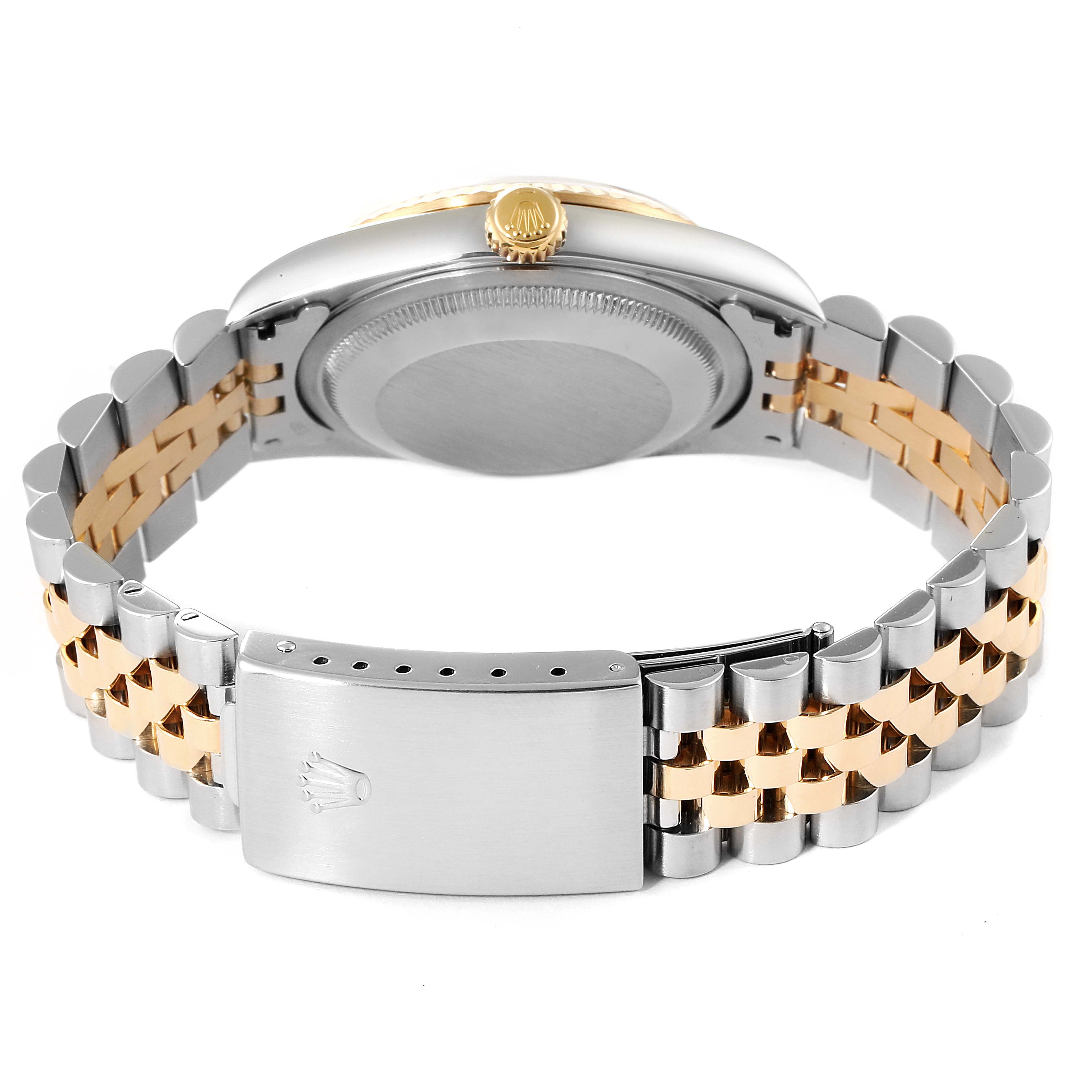 The image shows the back view of the Rolex Datejust 16233 Men's Steel and Gold (two tone) Black Dial 16233 Men's Steel and Gold (two tone) Black Dial watch, highlighting its two-tone bracelet and clasp.