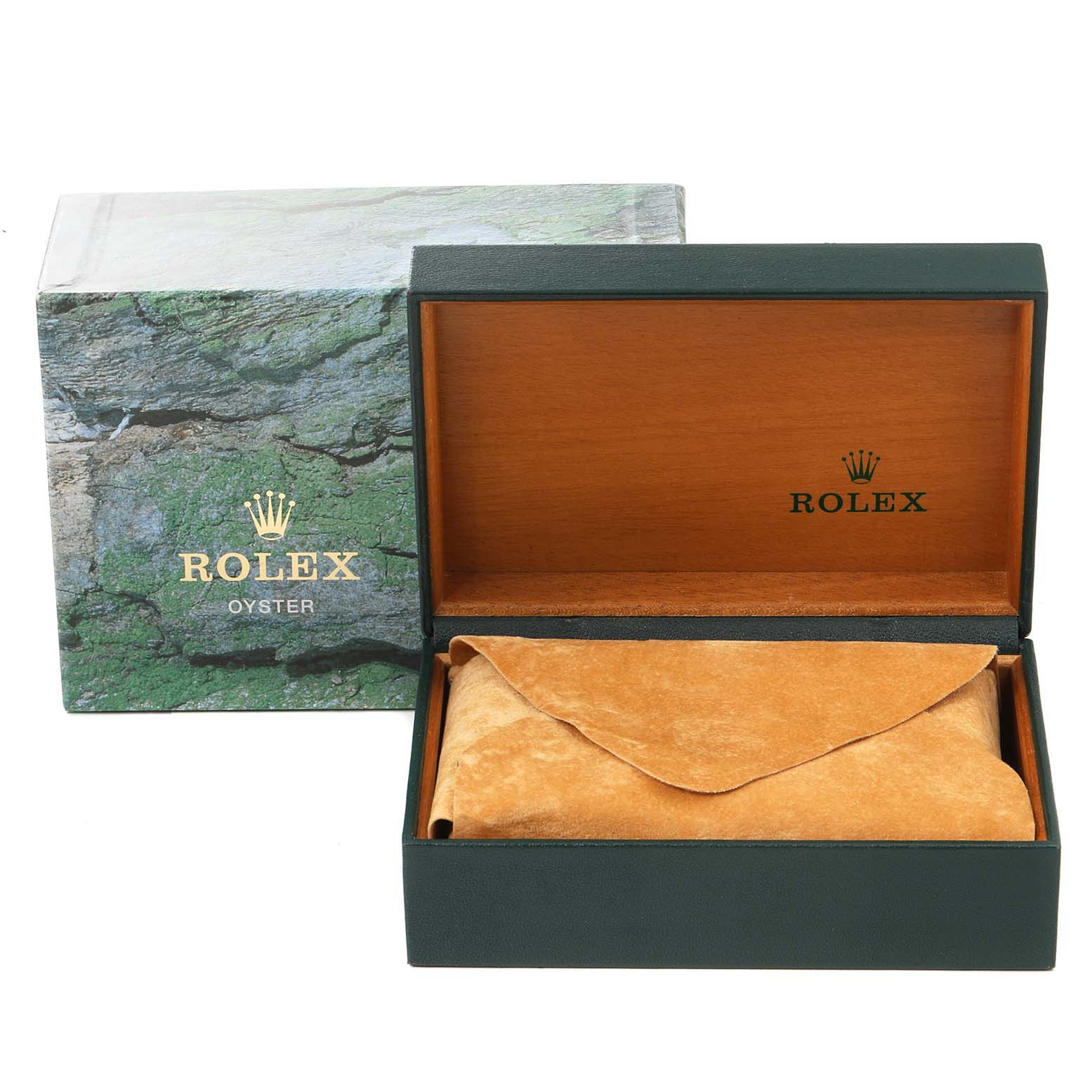 The image shows the packaging of a Rolex Datejust 16233 Men's Steel and Gold (two tone) Black Dial 16233 Men's Steel and Gold (two tone) Black Dial watch, featuring a green Rolex box with the lid open and a suede pouch inside.
