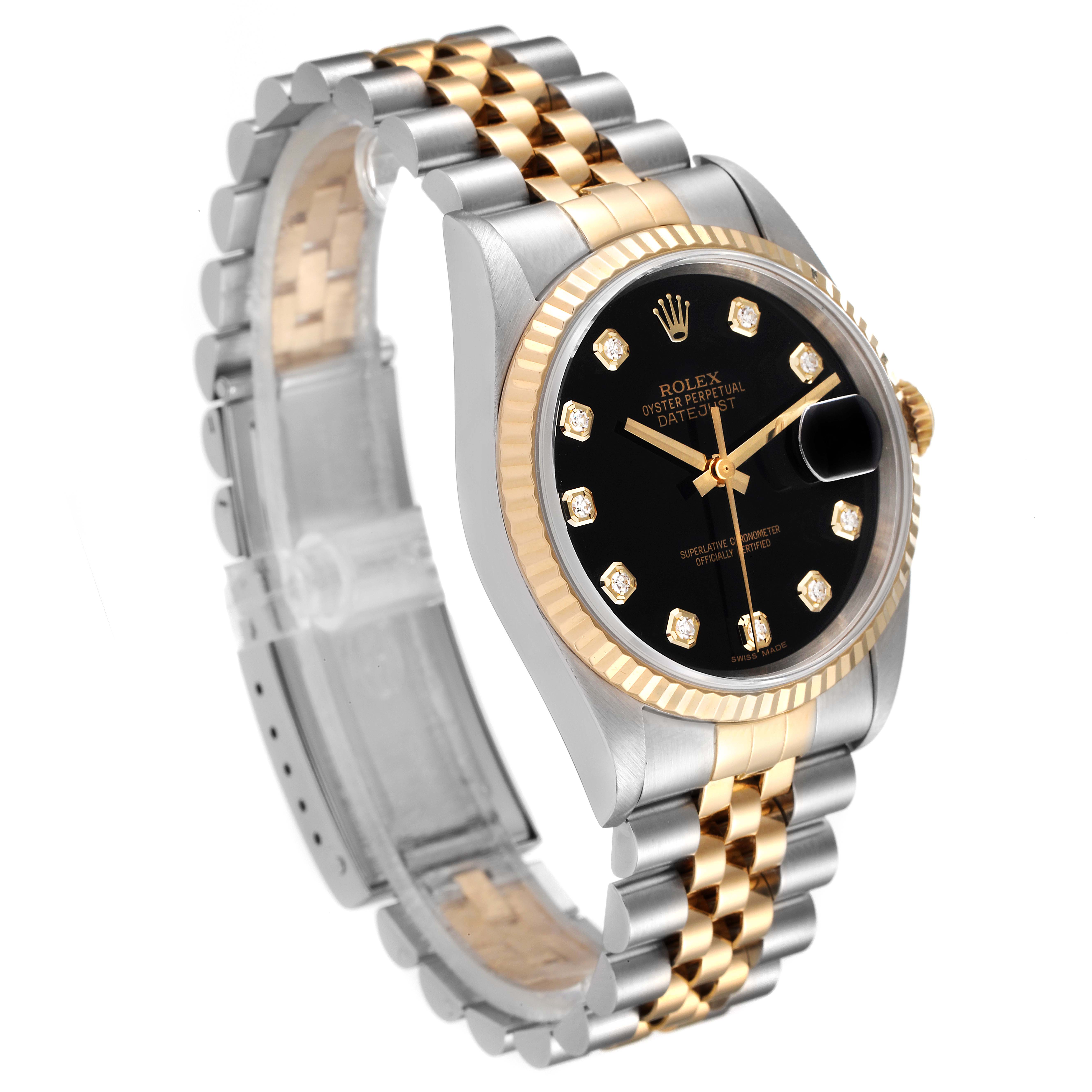This image shows a side angle of a Rolex Datejust 16233 Men's Steel and Gold (two tone) Black Dial 16233 Men's Steel and Gold (two tone) Black Dial watch, highlighting its two-tone bracelet, black dial, and fluted bezel.