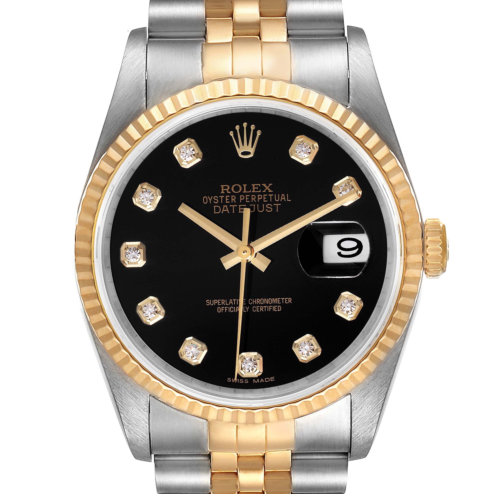 The image shows a frontal view of a Rolex Datejust 16233 Men's Steel and Gold (two tone) Black Dial 16233 Men's Steel and Gold (two tone) Black Dial watch, highlighting its black dial, gold markers, and two-tone bracelet.